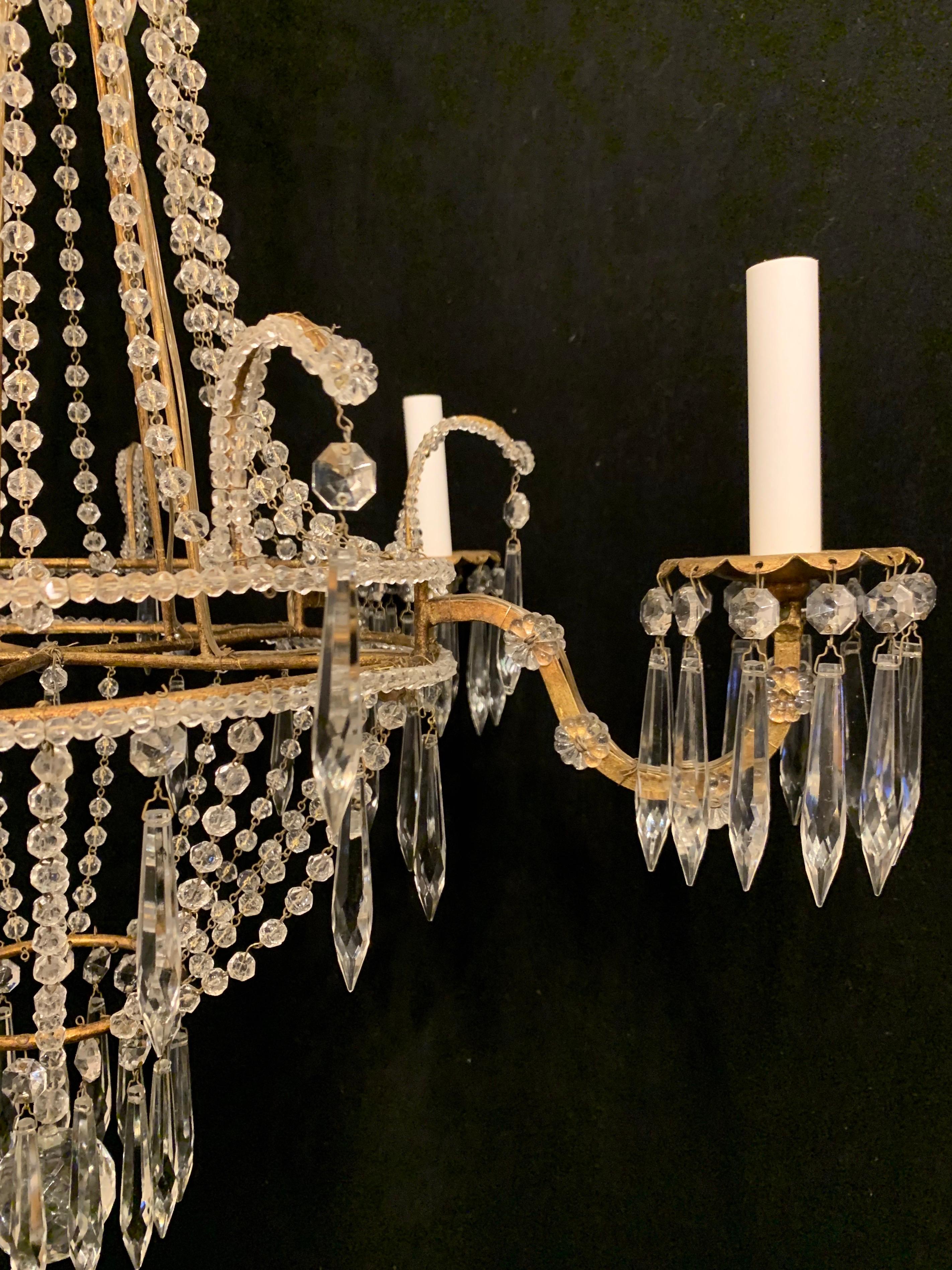 Belle Époque Wonderful Beaded Crystal Basket Swag Gold Gilt Italian 5 Light Chandelier For Sale