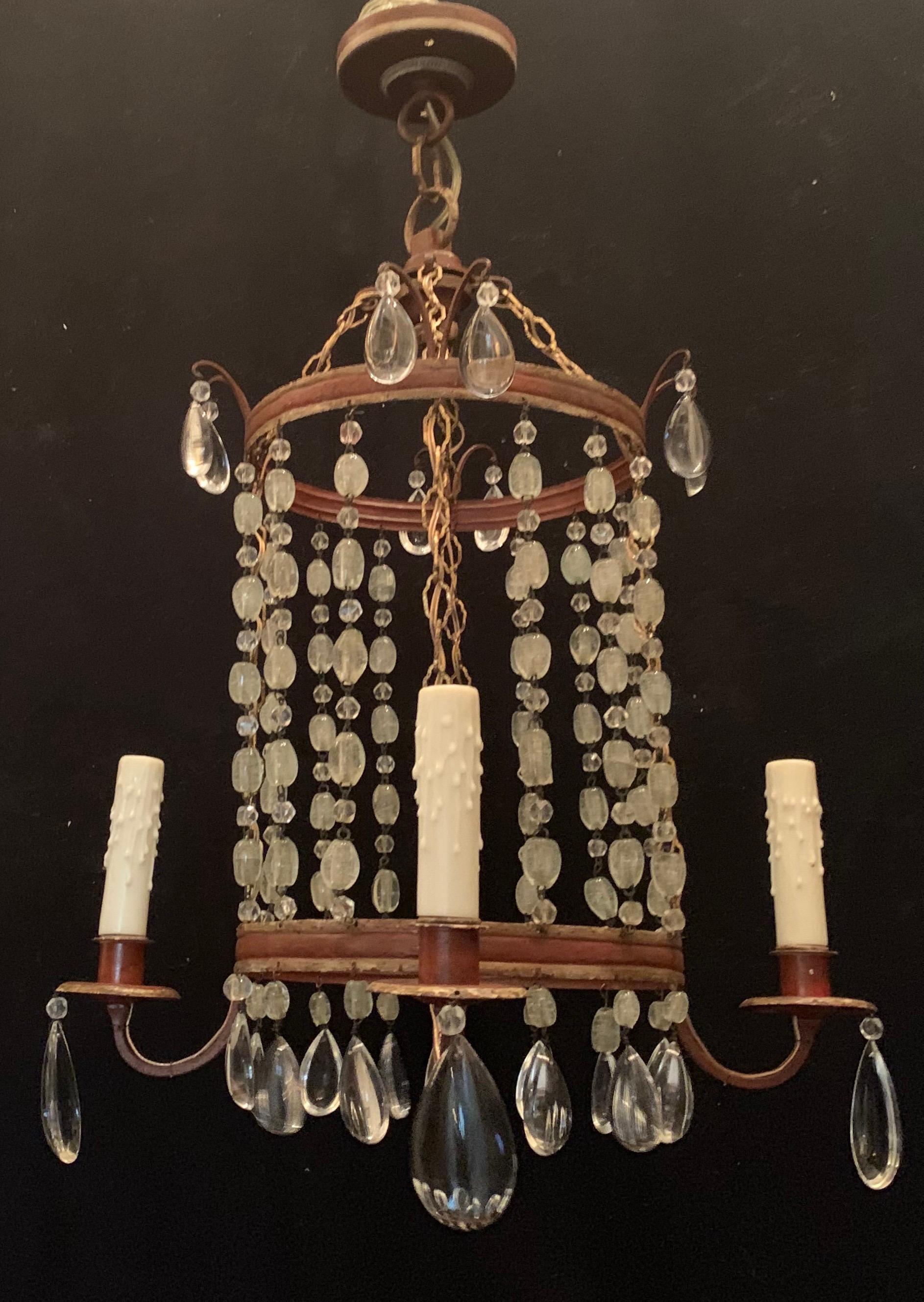 20th Century Wonderful Beaded Crystal Red Tole Gilt Pagoda Lantern Pendent Chandelier For Sale