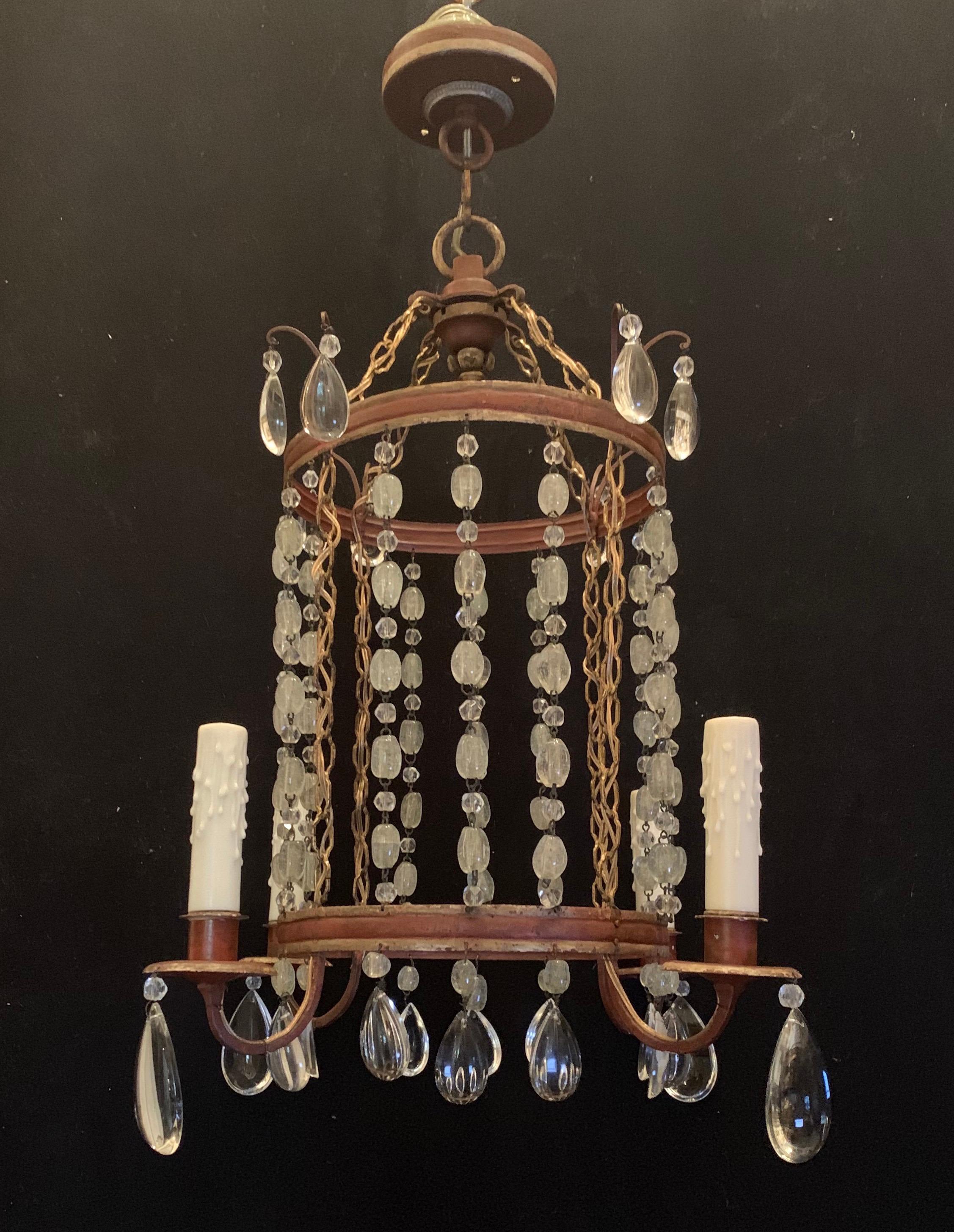 Wonderful Beaded Crystal Red Tole Gilt Pagoda Lantern Pendent Chandelier For Sale 1