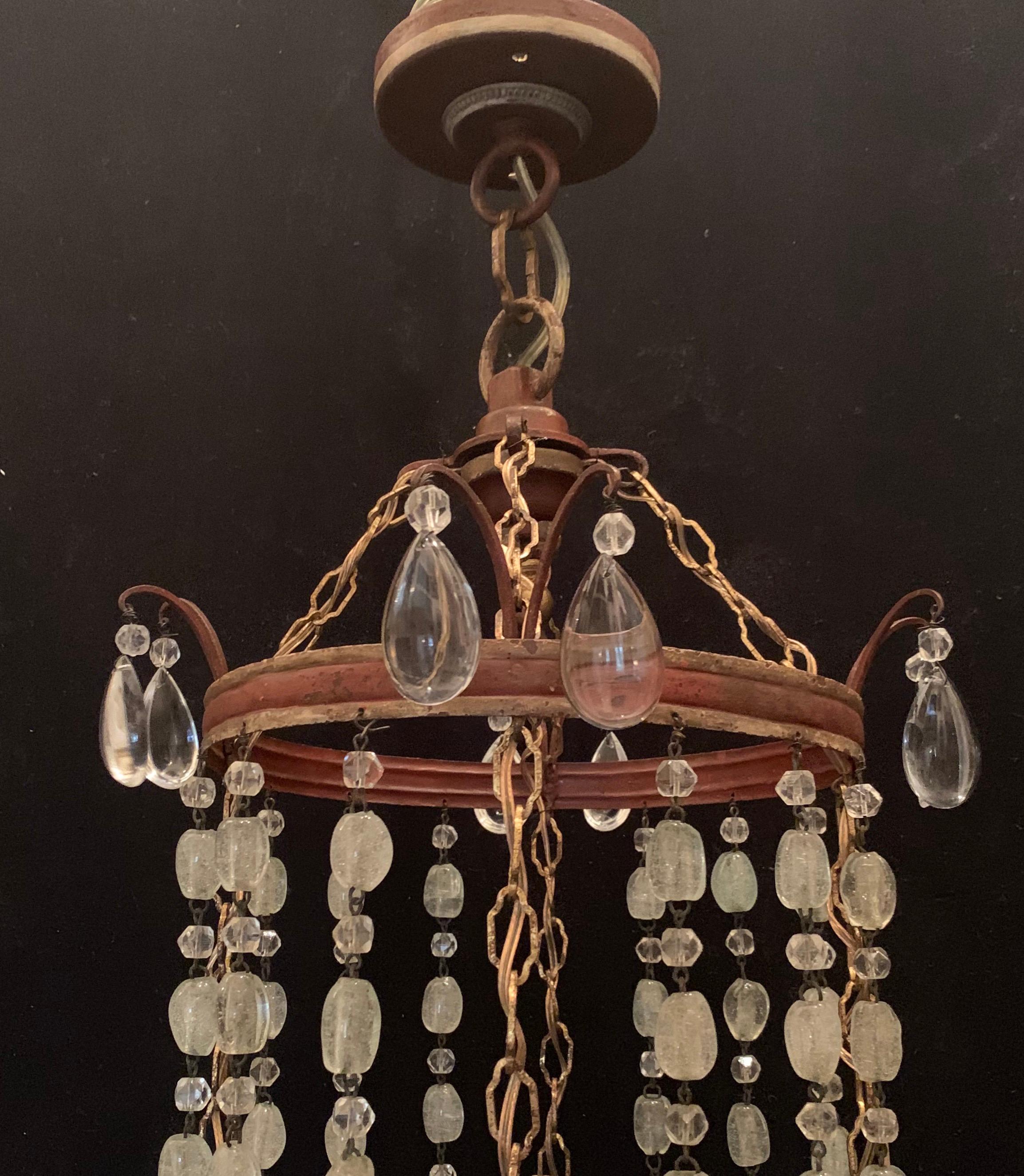 Wonderful Beaded Crystal Red Tole Gilt Pagoda Lantern Pendent Chandelier For Sale 2