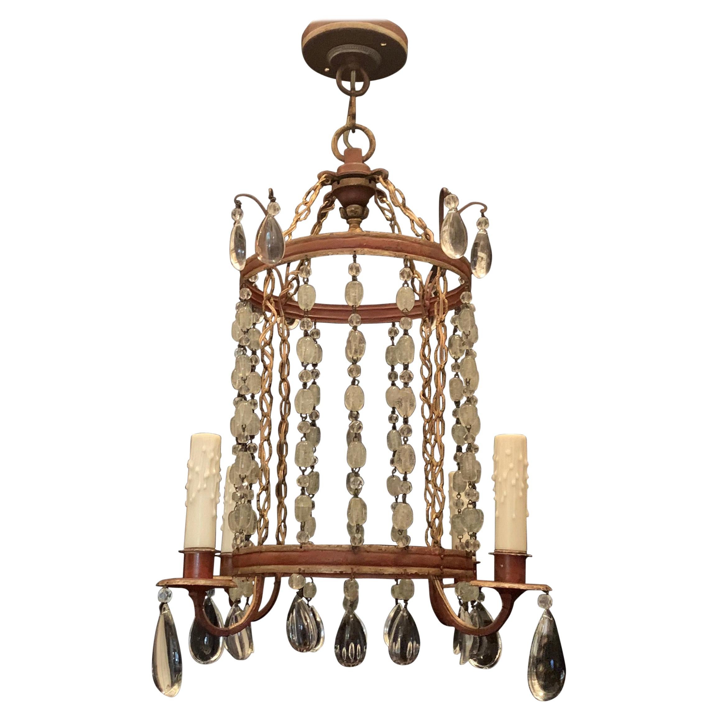 Wonderful Beaded Crystal Red Tole Gilt Pagoda Lantern Pendent Chandelier For Sale