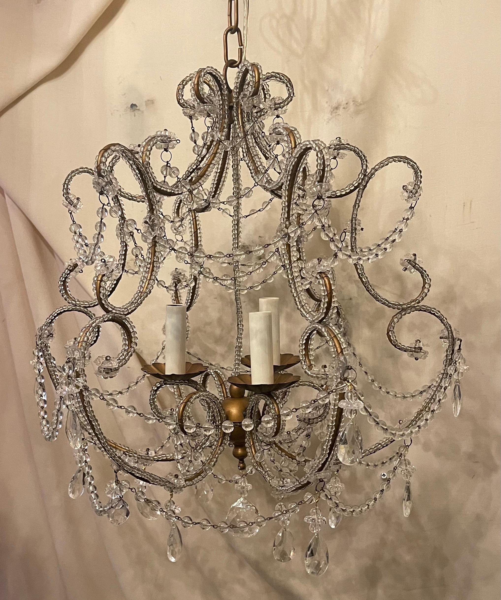 A Wonderful Sweet Beaded Italian Baguès Style Birdcage Form Crystal Drop Gold Gilt Flower Chandelier With 3 Internal Candelabra Light, Ready To Install With Updated Wiring And Canopy Included