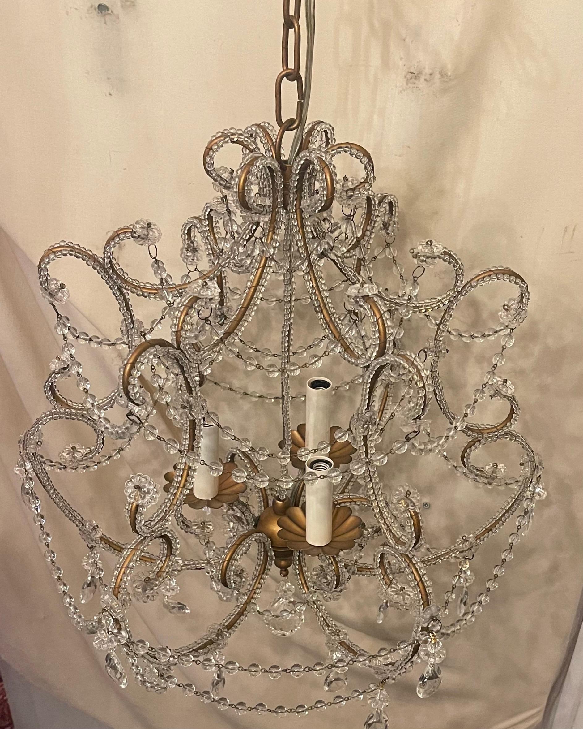20th Century Wonderful Beaded Italian Baguès Birdcage Crystal Gold Gilt Flower Chandelier For Sale
