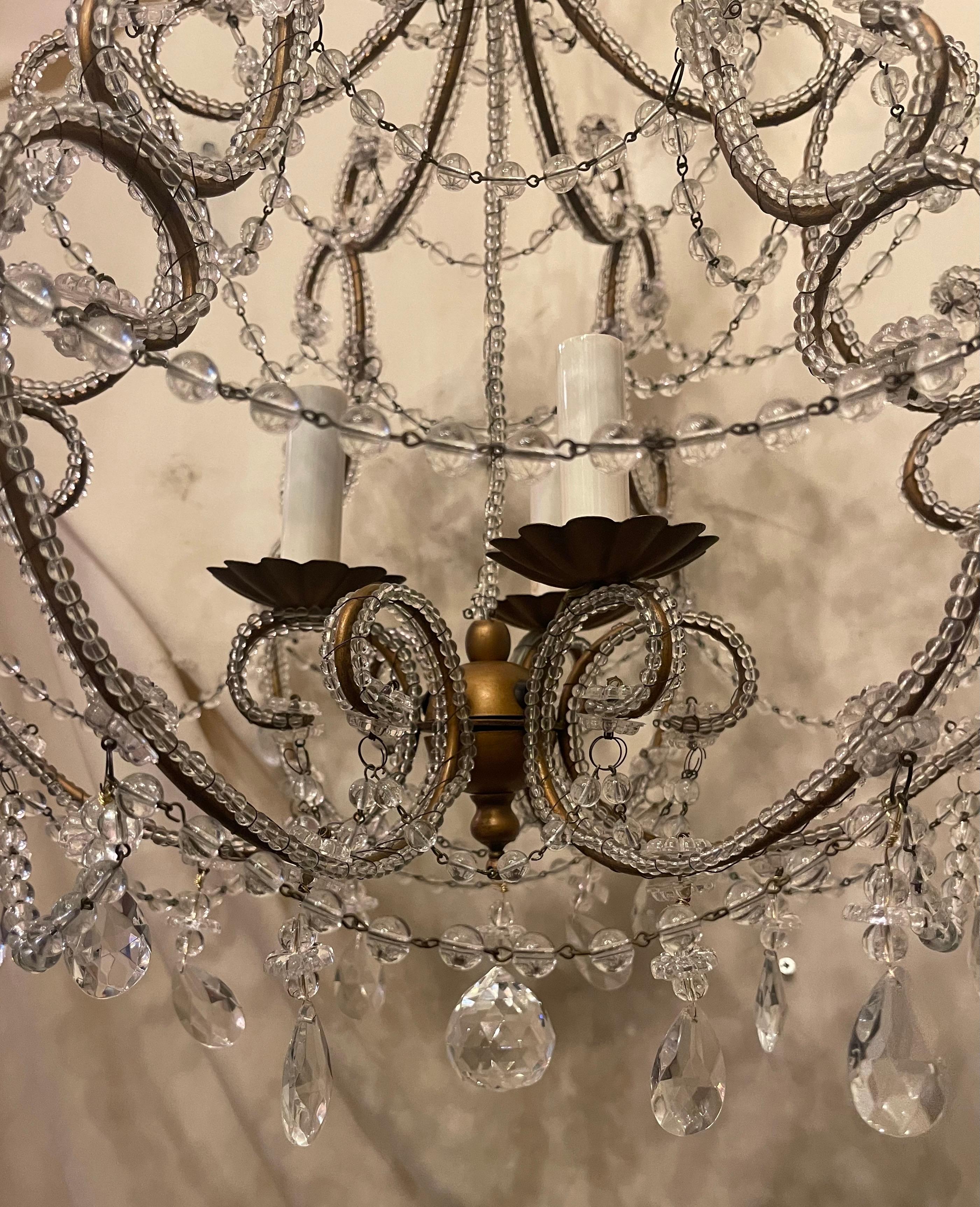 Wonderful Beaded Italian Baguès Birdcage Crystal Gold Gilt Flower Chandelier For Sale 2