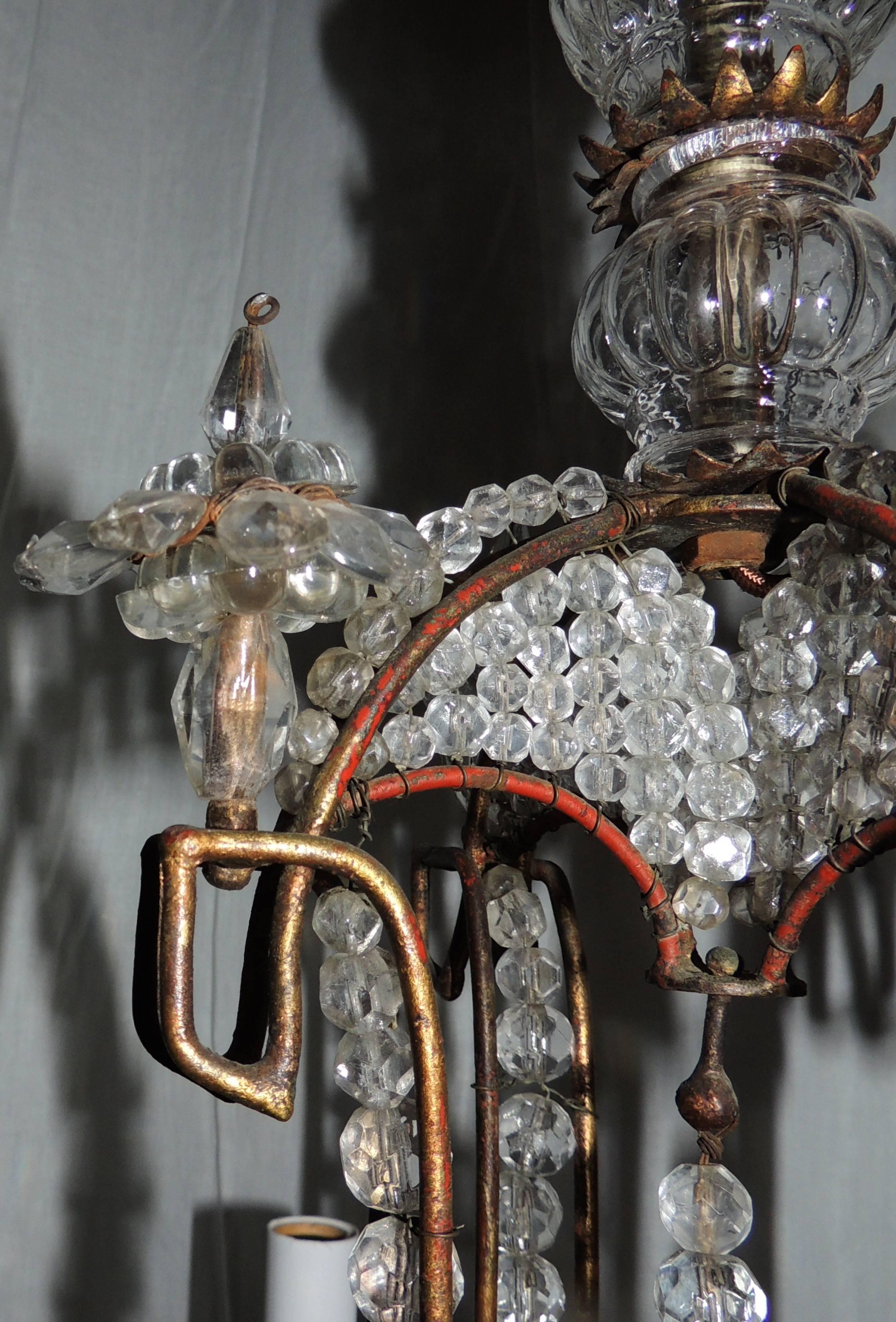 Wonderful Beaded Italian Baguès Gilt Vintage Tole Chandelier Pagoda Fixture In Good Condition For Sale In Roslyn, NY