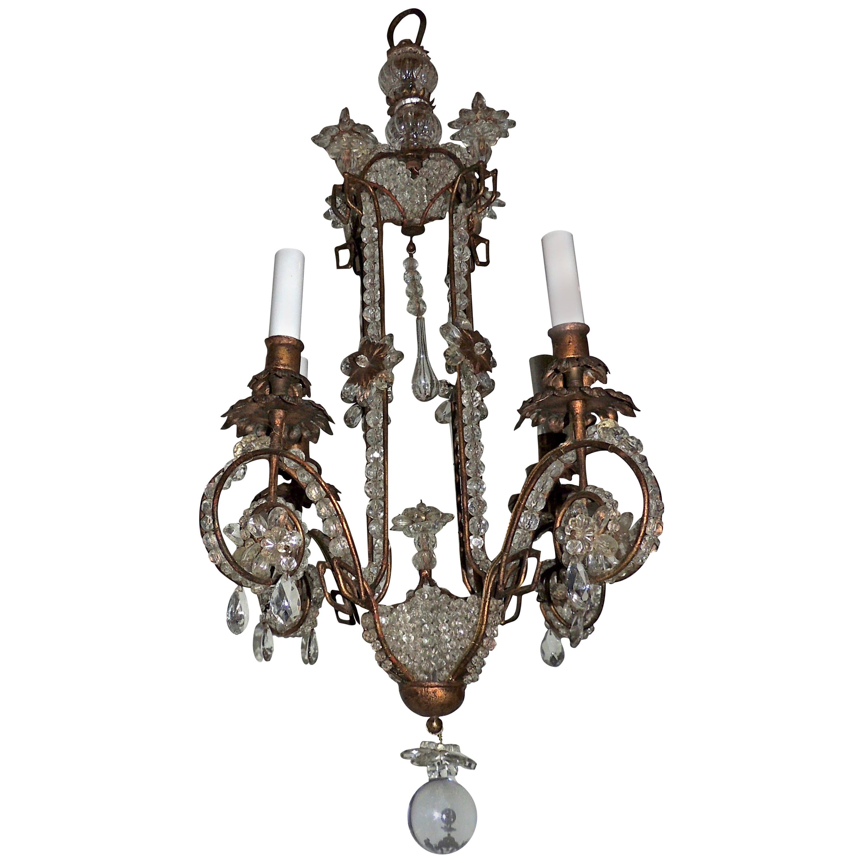 Wonderful Beaded Italian Baguès Gilt Vintage Tole Chandelier Pagoda Fixture For Sale