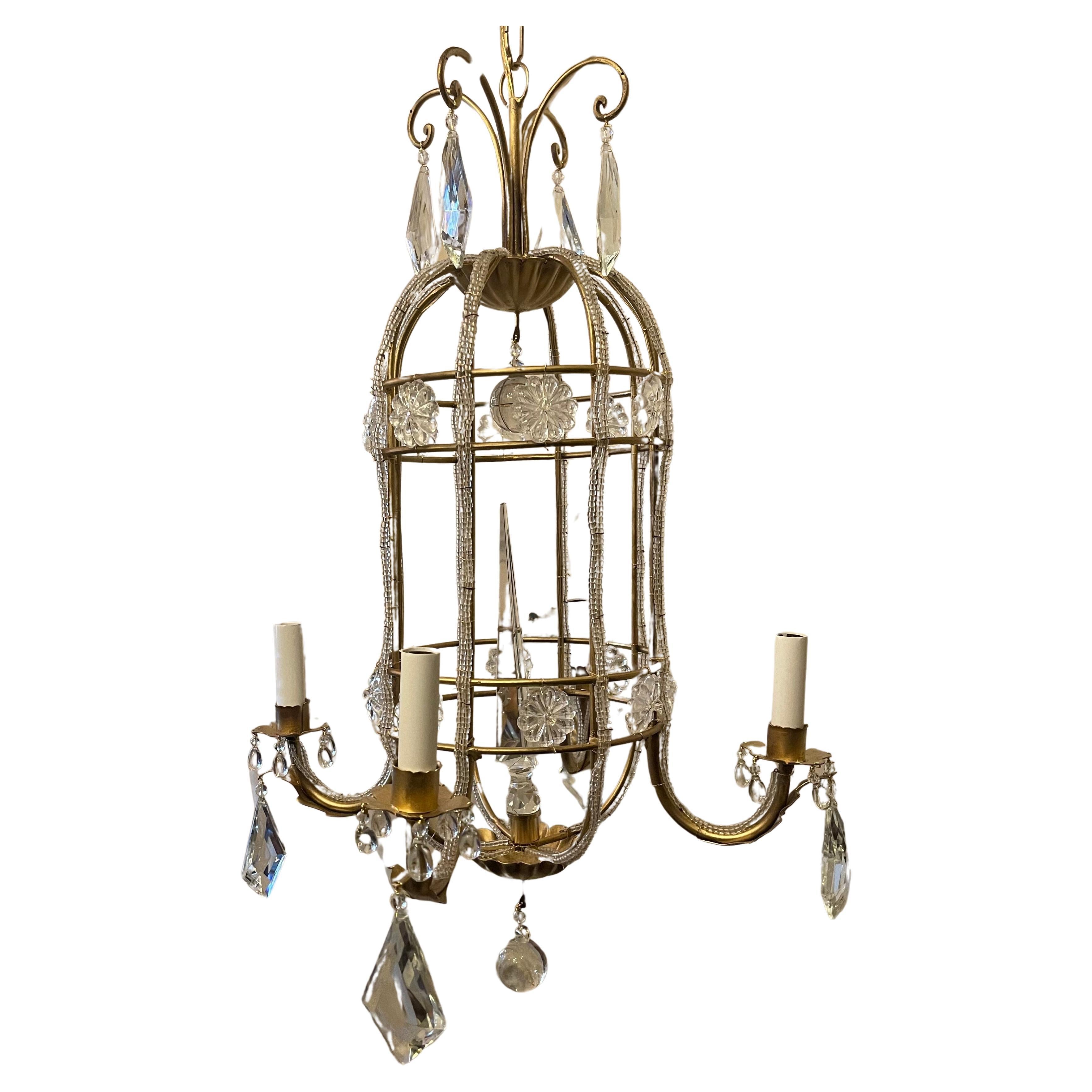 A Wonderful Beaded Italian Gold Gilt Baguès Style Pagoda Basket Form Crystal & Flower 4 Candelabra Light Chandelier, Completely Rewired And Ready To Install With Chain And Canopy