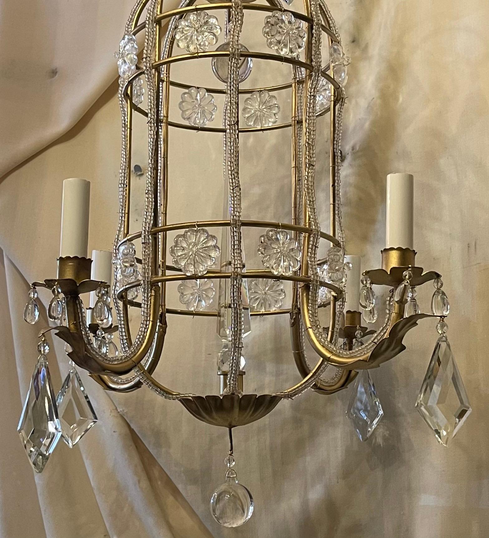 Belle Époque Wonderful Beaded Italian Baguès Pagoda Crystal Gold Gilt Flower Chandelier