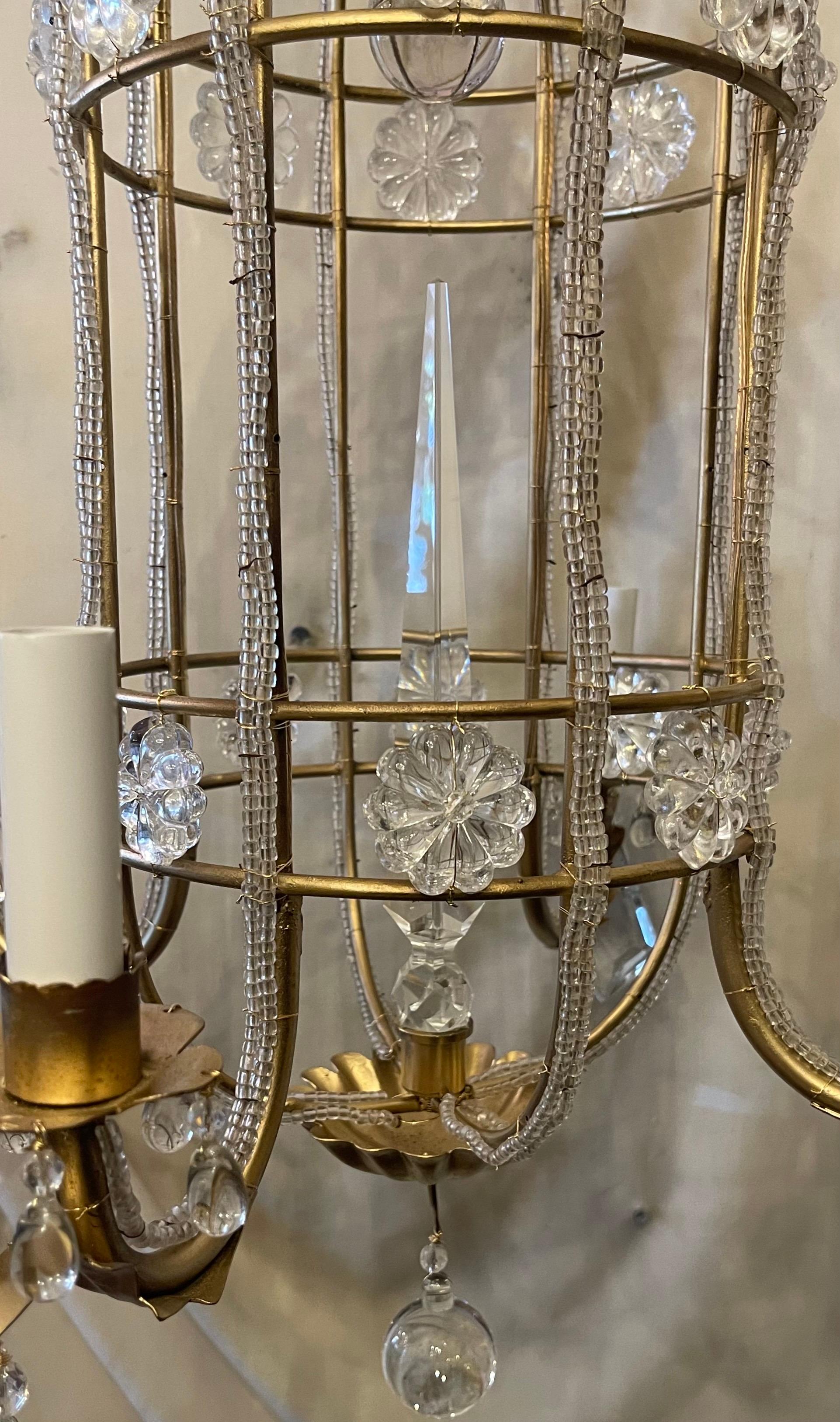 20th Century Wonderful Beaded Italian Baguès Pagoda Crystal Gold Gilt Flower Chandelier