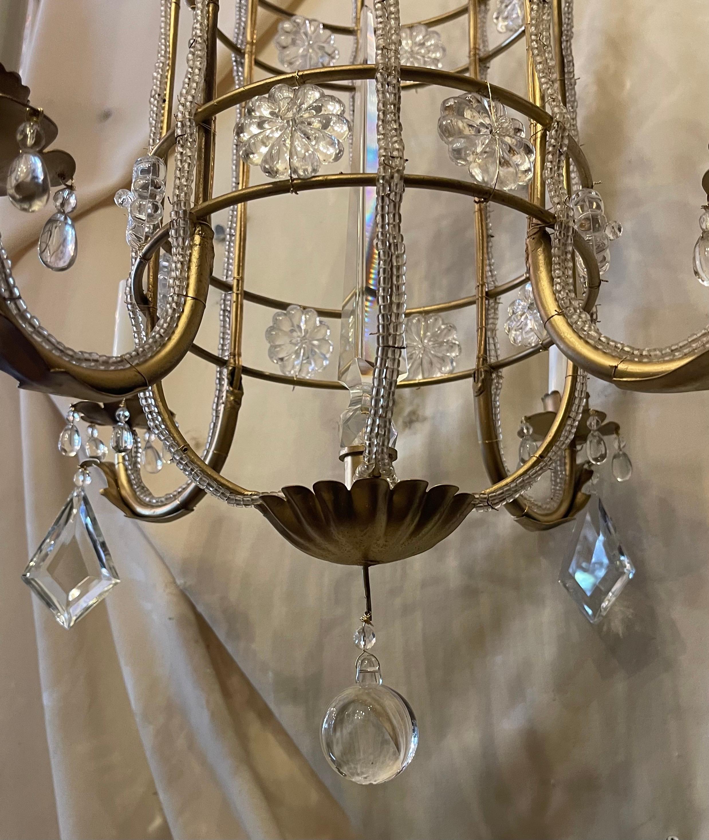 Wonderful Beaded Italian Baguès Pagoda Crystal Gold Gilt Flower Chandelier 1