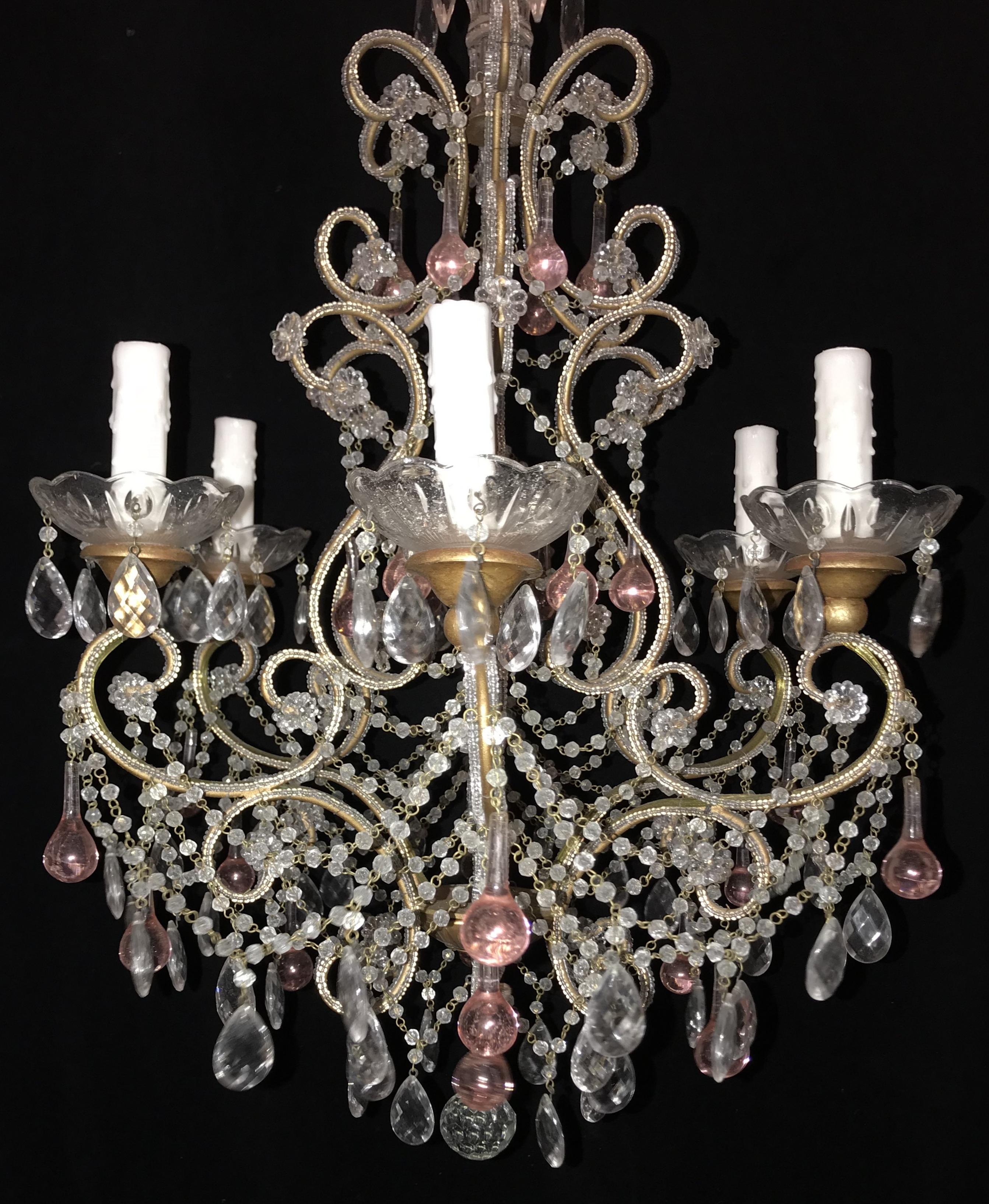 Belle Époque Wonderful Beaded Italian Giltwood Pink Tear Drop Bird Cage Chandelier Fixture