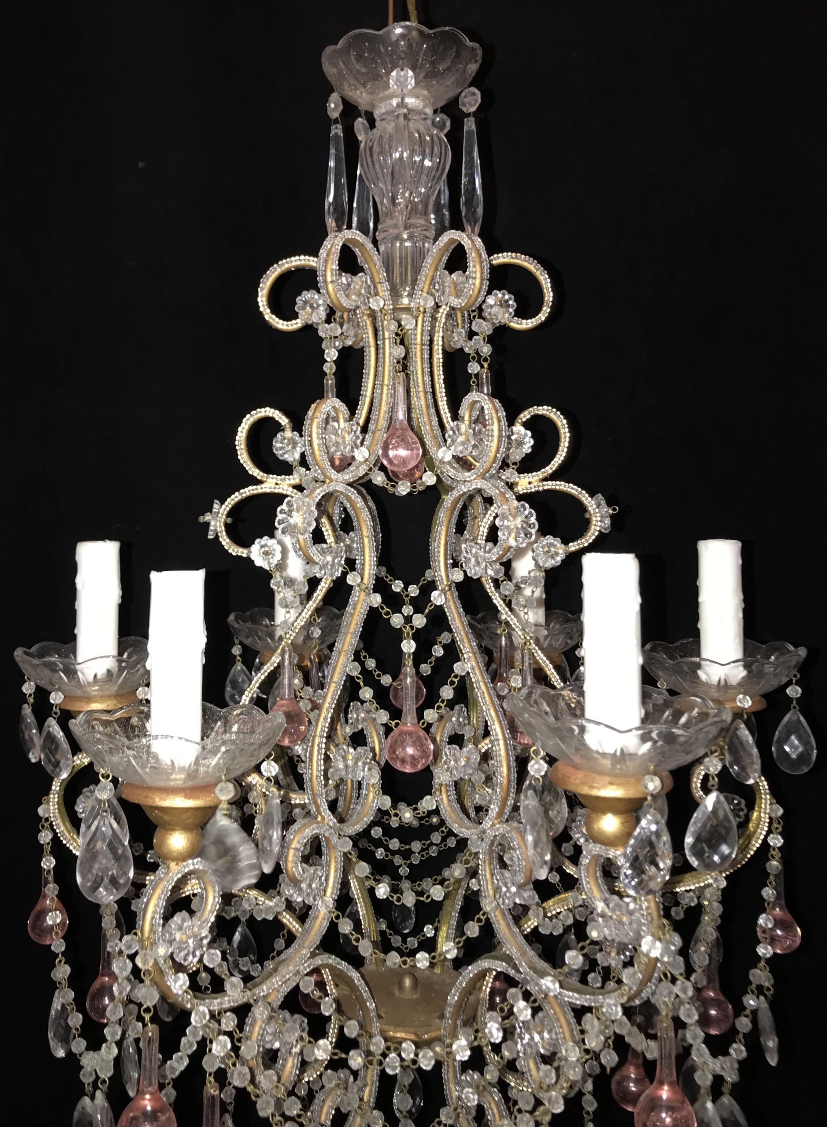 Wonderful Beaded Italian Giltwood Pink Tear Drop Bird Cage Chandelier Fixture In Good Condition In Roslyn, NY