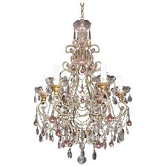 Wonderful Beaded Italian Giltwood Pink Tear Drop Bird Cage Chandelier Fixture