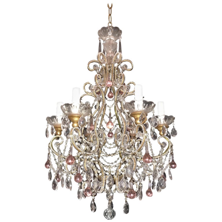Wonderful Beaded Italian Giltwood Pink, Cage Chandelier With Crystal Drops