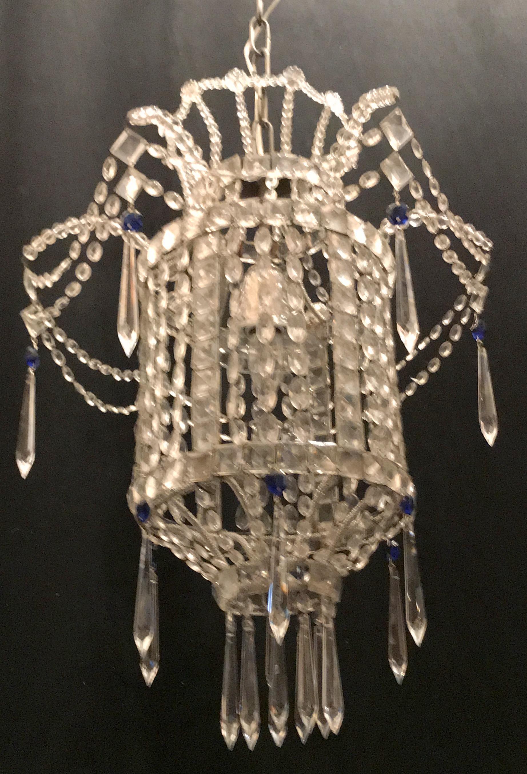 Wonderful Beaded Italian Venetian Blue Crystal Pagoda Lantern Chandelier Pendent In Good Condition In Roslyn, NY