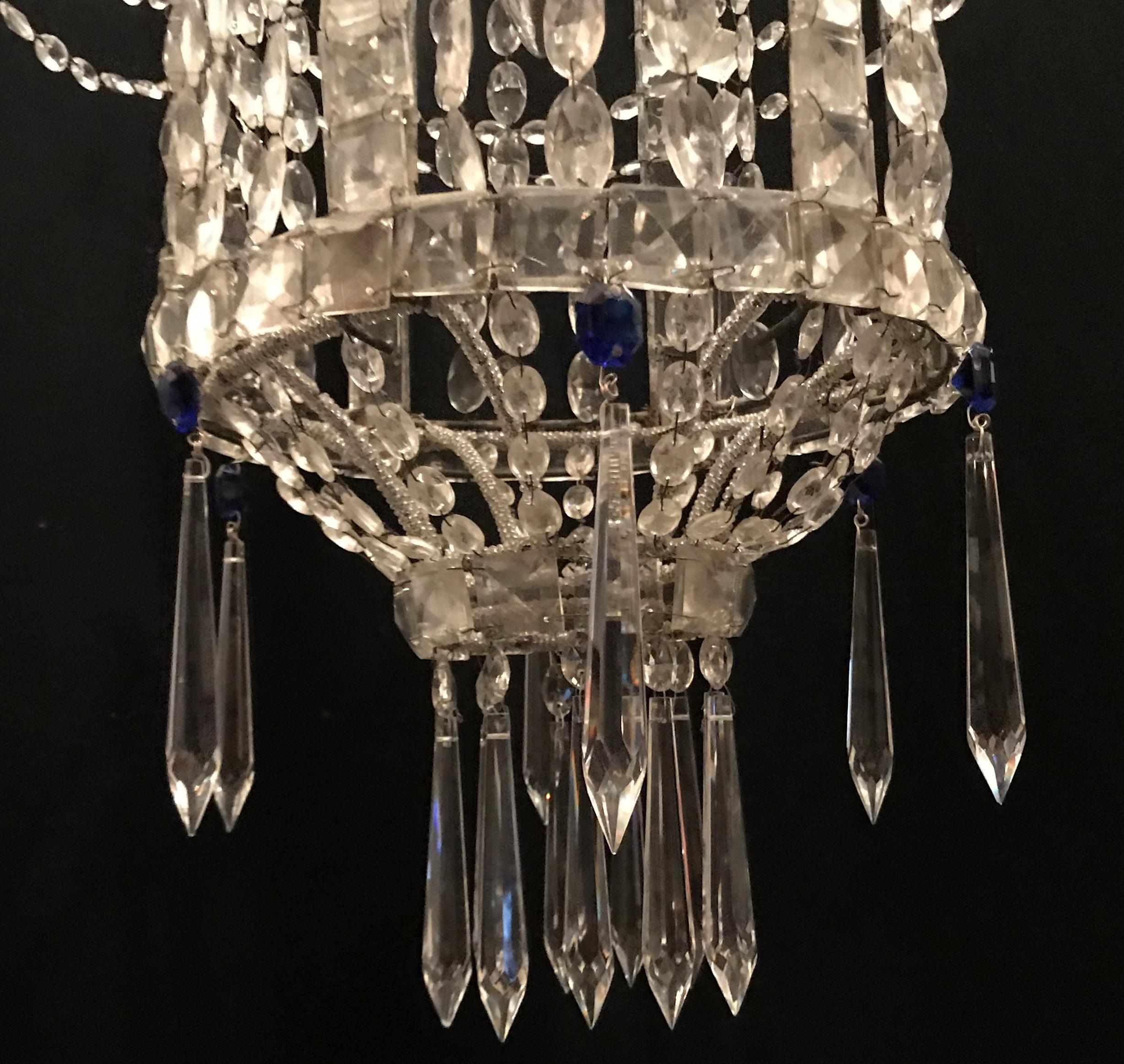 20th Century Wonderful Beaded Italian Venetian Blue Crystal Pagoda Lantern Chandelier Pendent