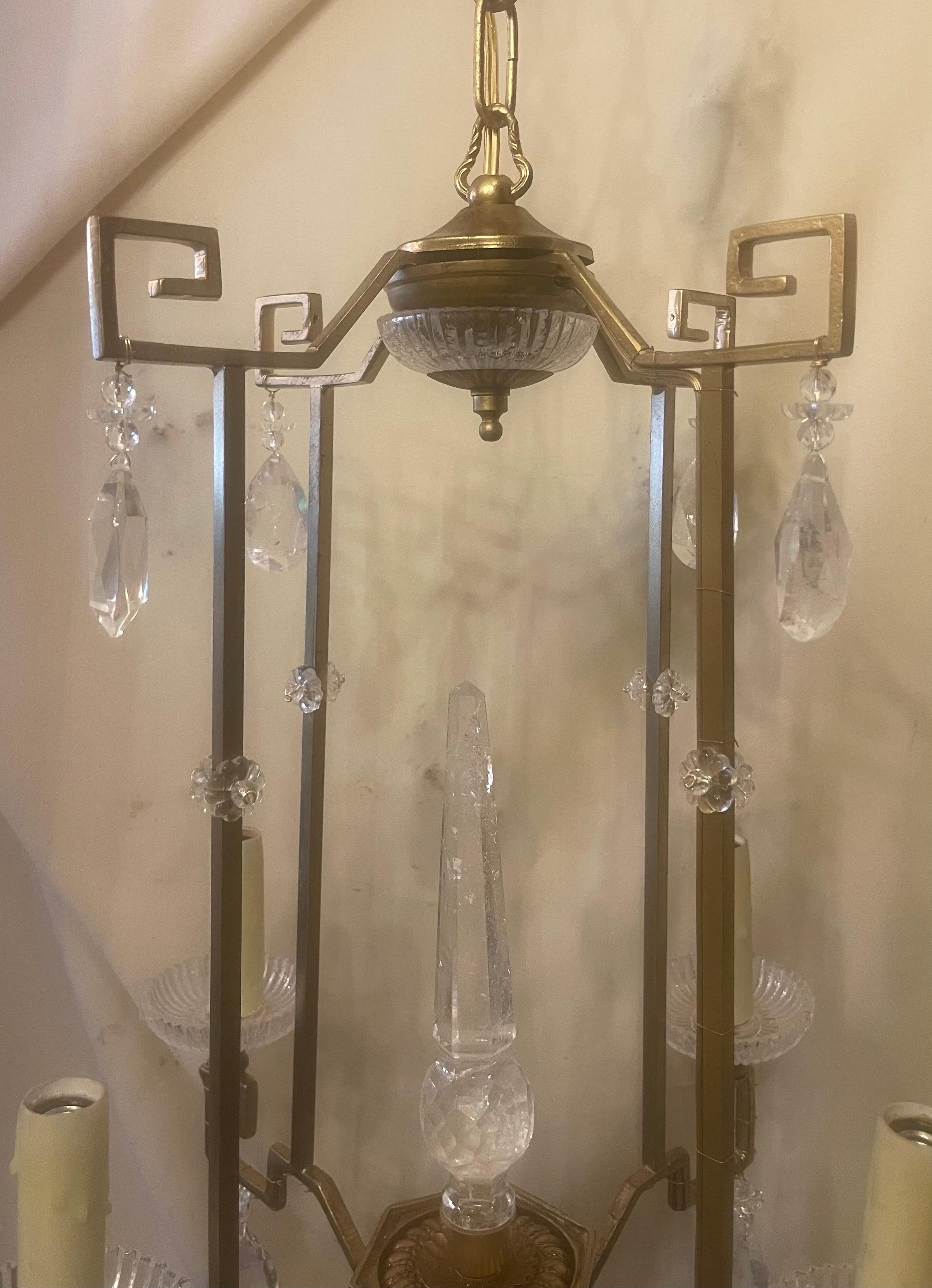 A Wonderful Rock Crystal Drop Gold Gilt Chinoiserie / Pagoda Lantern Form Chandelier Having 4 Candelabra Lights, Completely Rewired With New Sockets.
Accompanied By Chain And Canopy