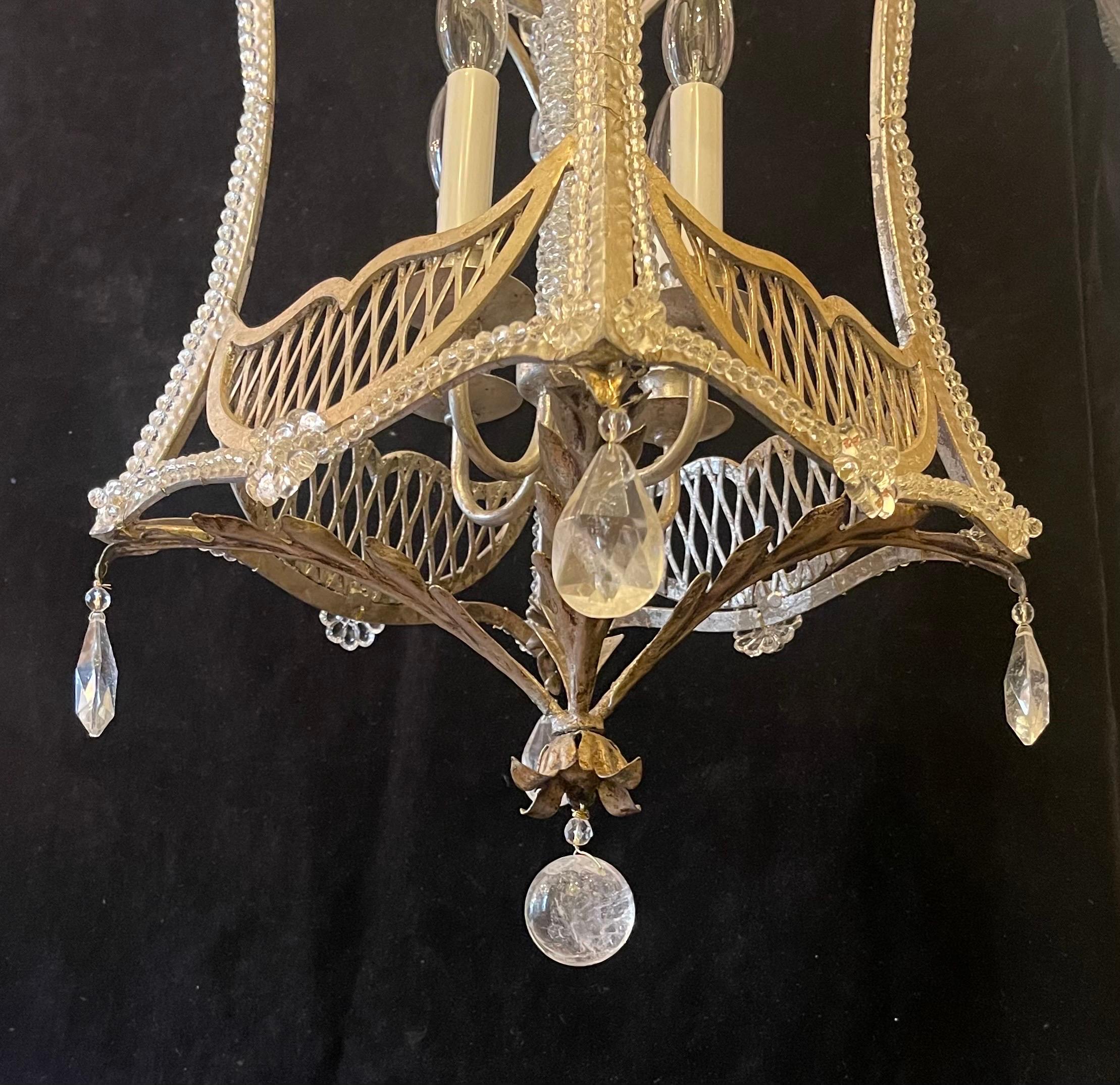 Italian Wonderful Beaded Rock Crystal Silver Gilt Chinoiserie Pagoda Lantern Chandelier For Sale