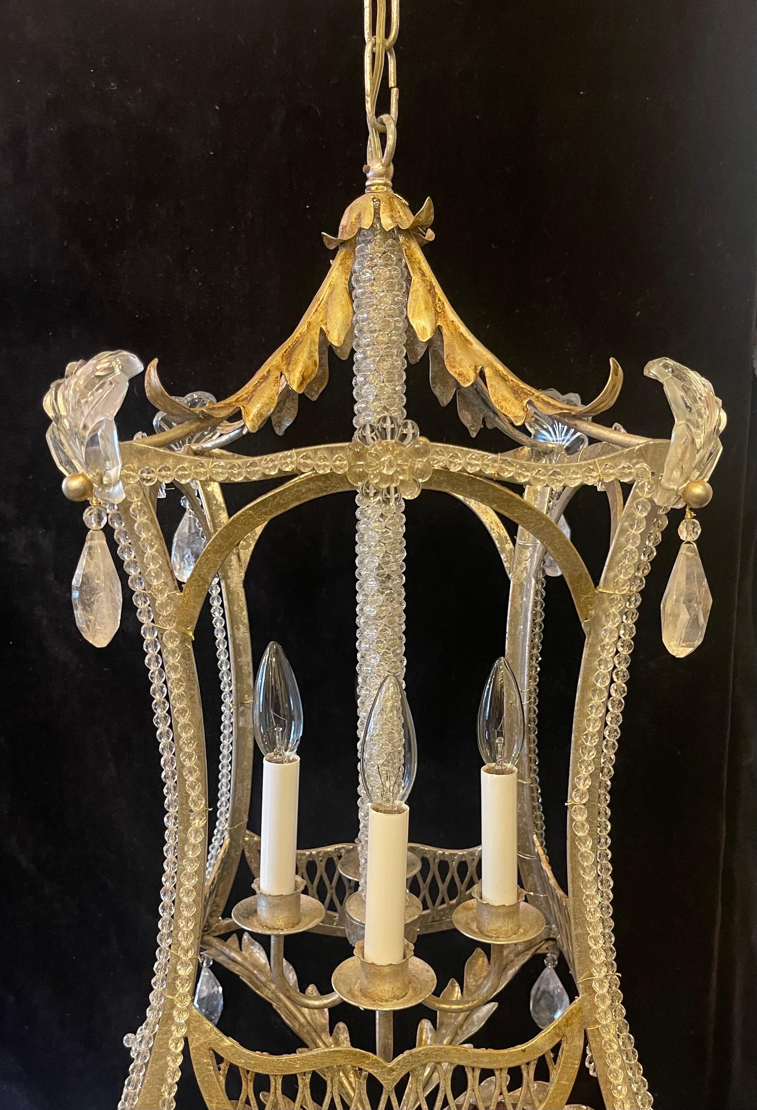 Wonderful Beaded Rock Crystal Silver Gilt Chinoiserie Pagoda Lantern Chandelier In Good Condition For Sale In Roslyn, NY
