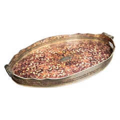 Vintage Wonderful Big Faux Tortoiseshell Silver Plated Oval Pierced Handle Gallery Tray