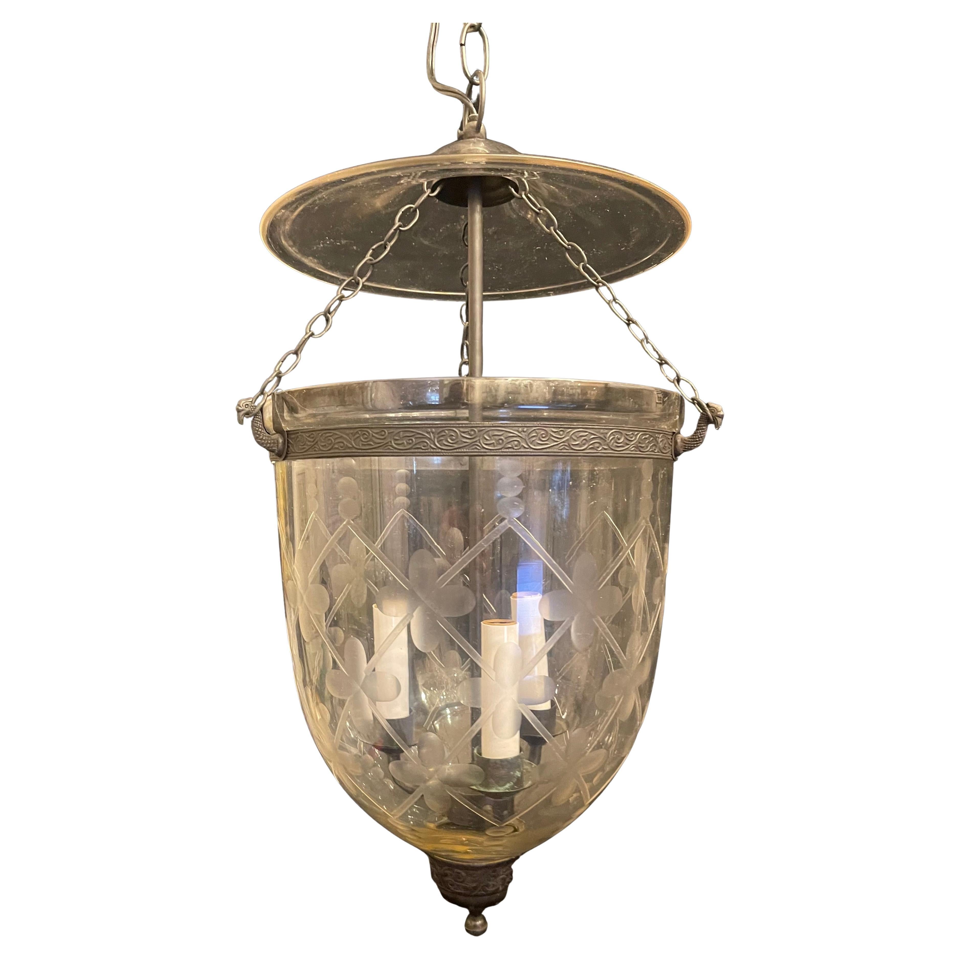 Wonderful Black Brass Blown Etched Lattice Glass Bell Jar Lantern Light Fixture