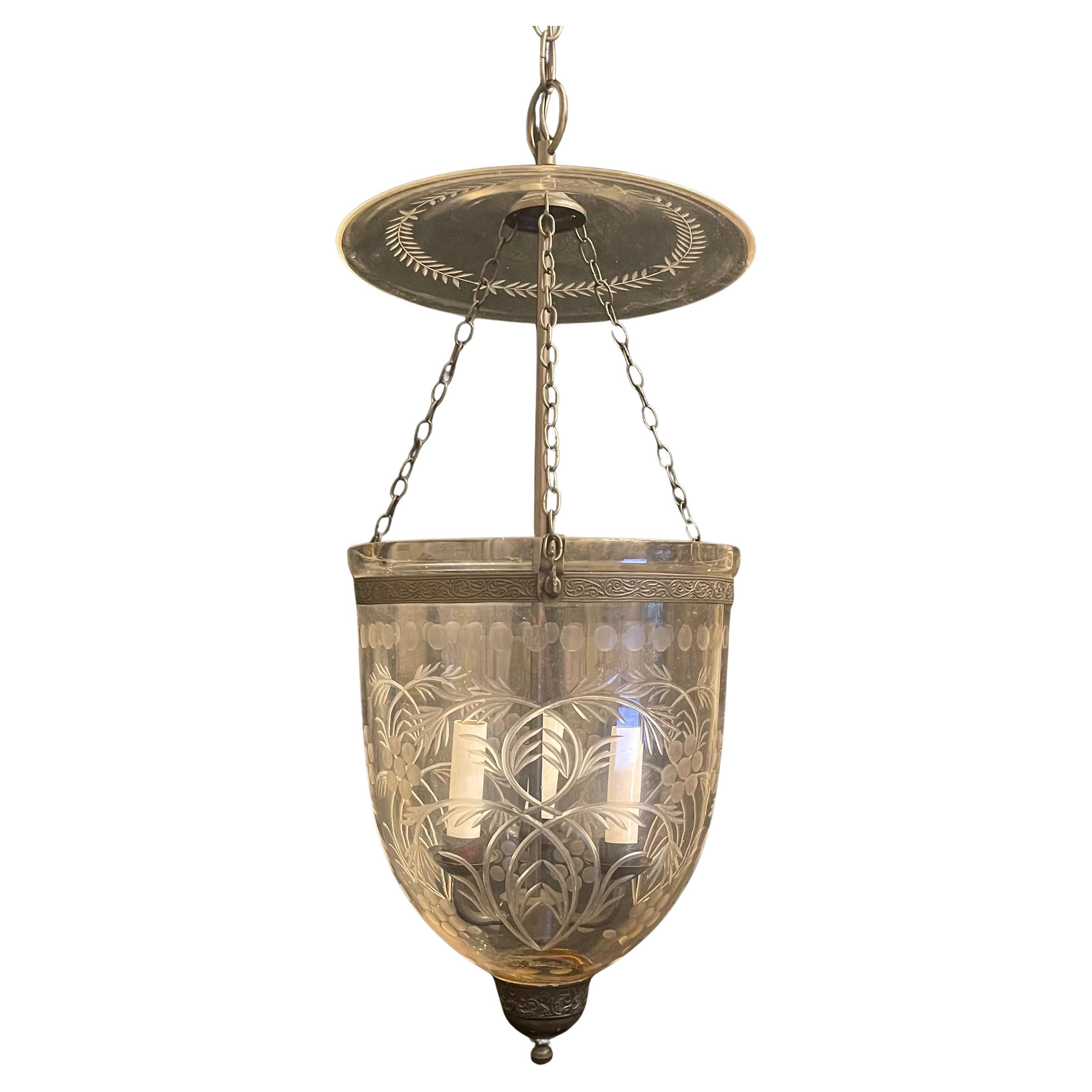 Wonderful Black Brass Blown Etched Laurel Glass Bell Jar Lantern Light Fixture