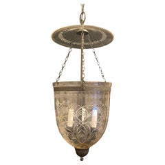 Wonderful Black Brass Blown Etched Laurel Glass Bell Jar Lantern Light Fixture