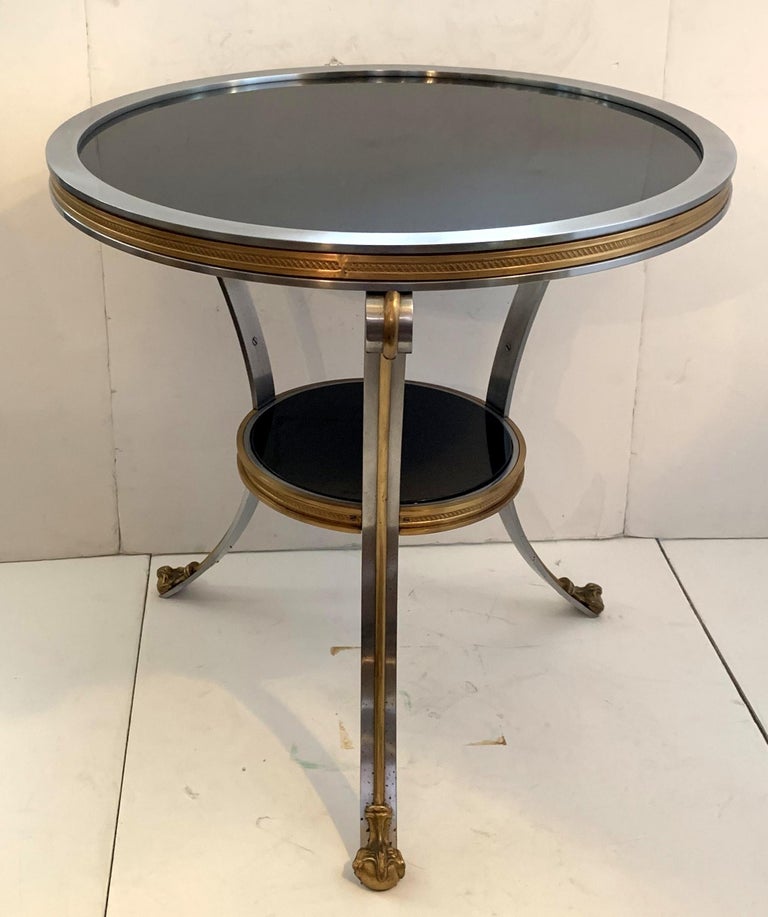 Wonderful Black Granite Doré Bronze Brushed Silver Gueridon Cocktail End Table In Good Condition For Sale In Roslyn, NY
