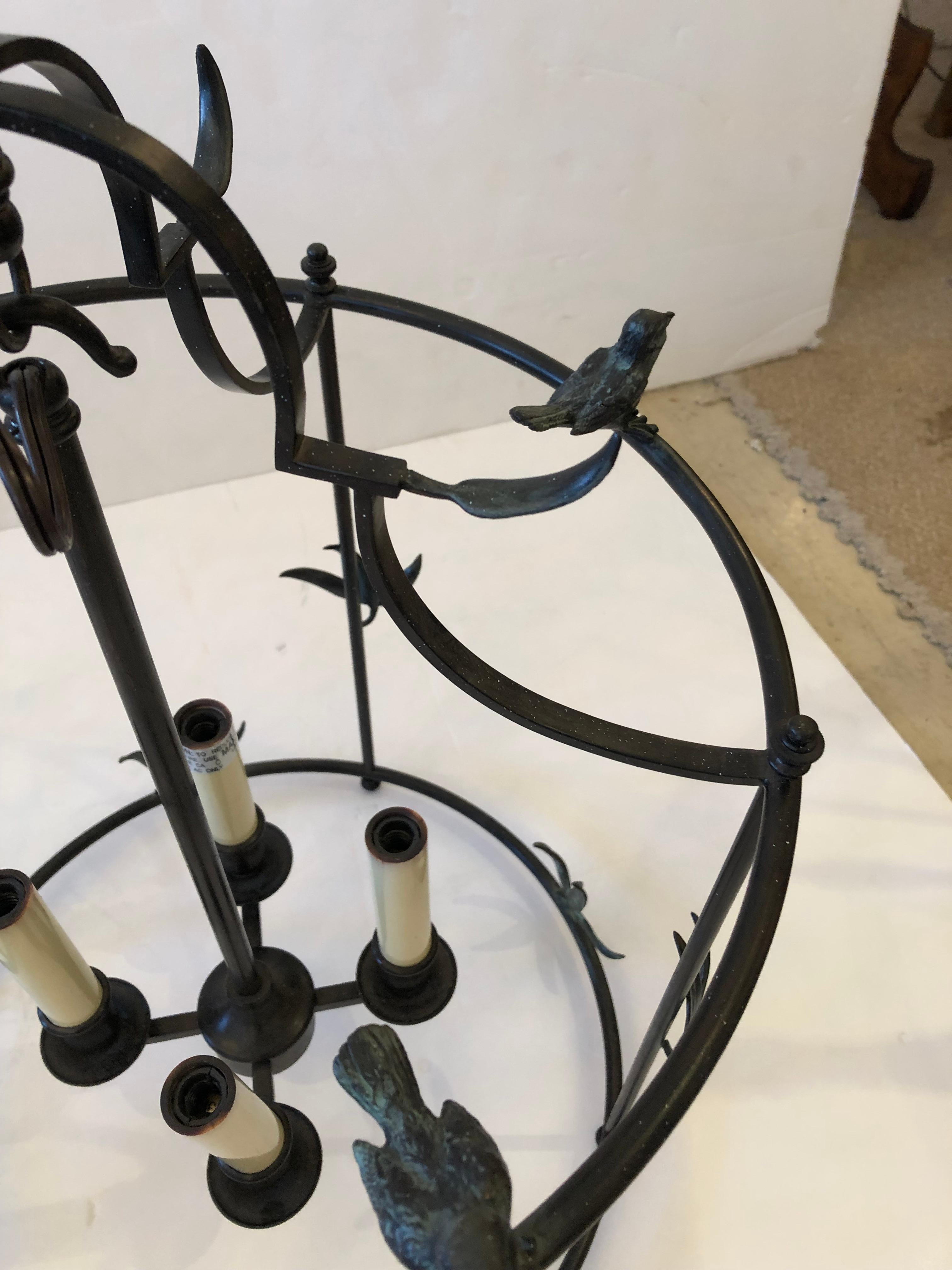 North American Wonderful Black Iron Lantern Shaped Chandelier with Bird Decoration For Sale