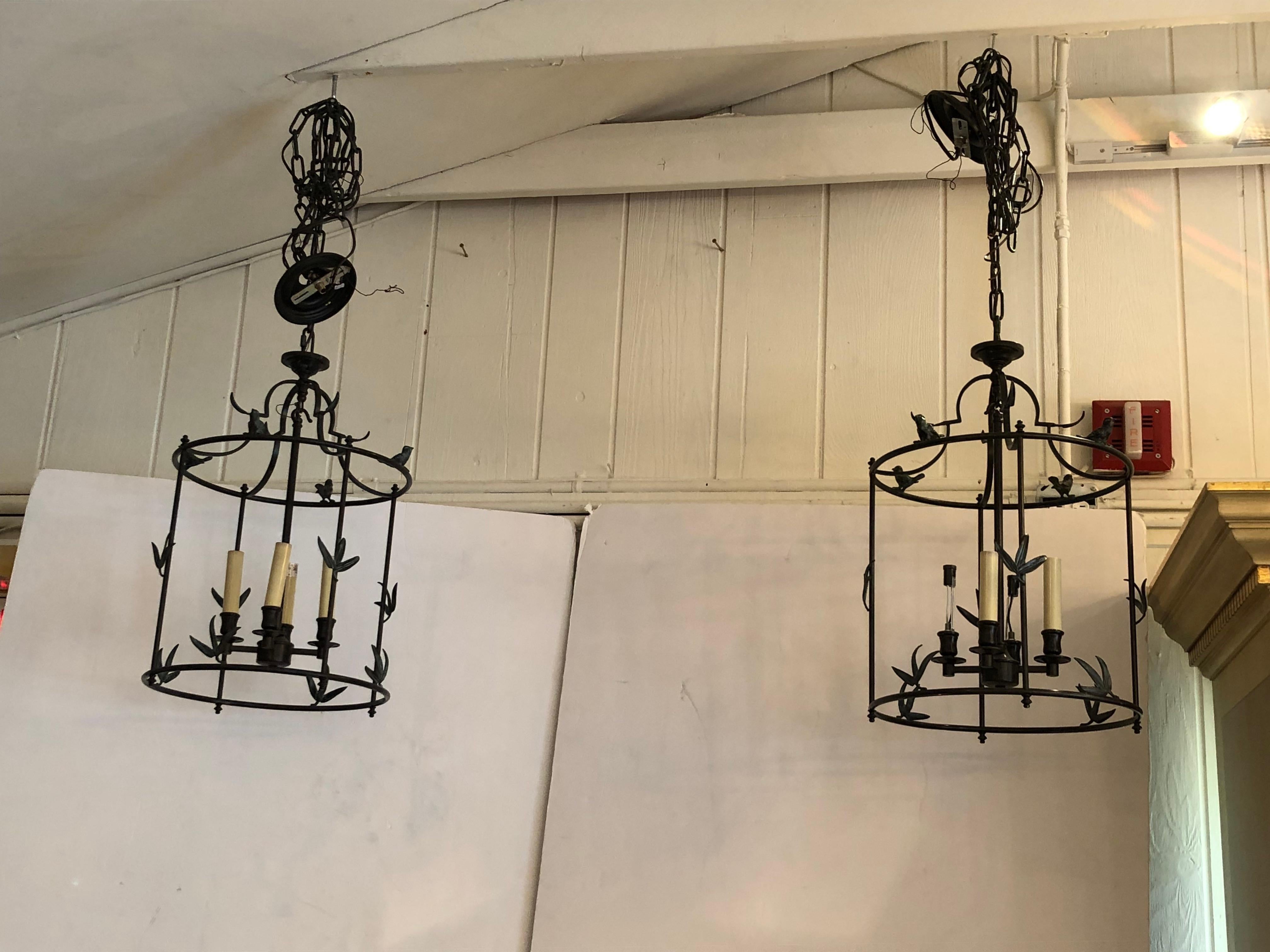 Wonderful Black Iron Lantern Shaped Chandelier with Bird Decoration In Good Condition For Sale In Hopewell, NJ
