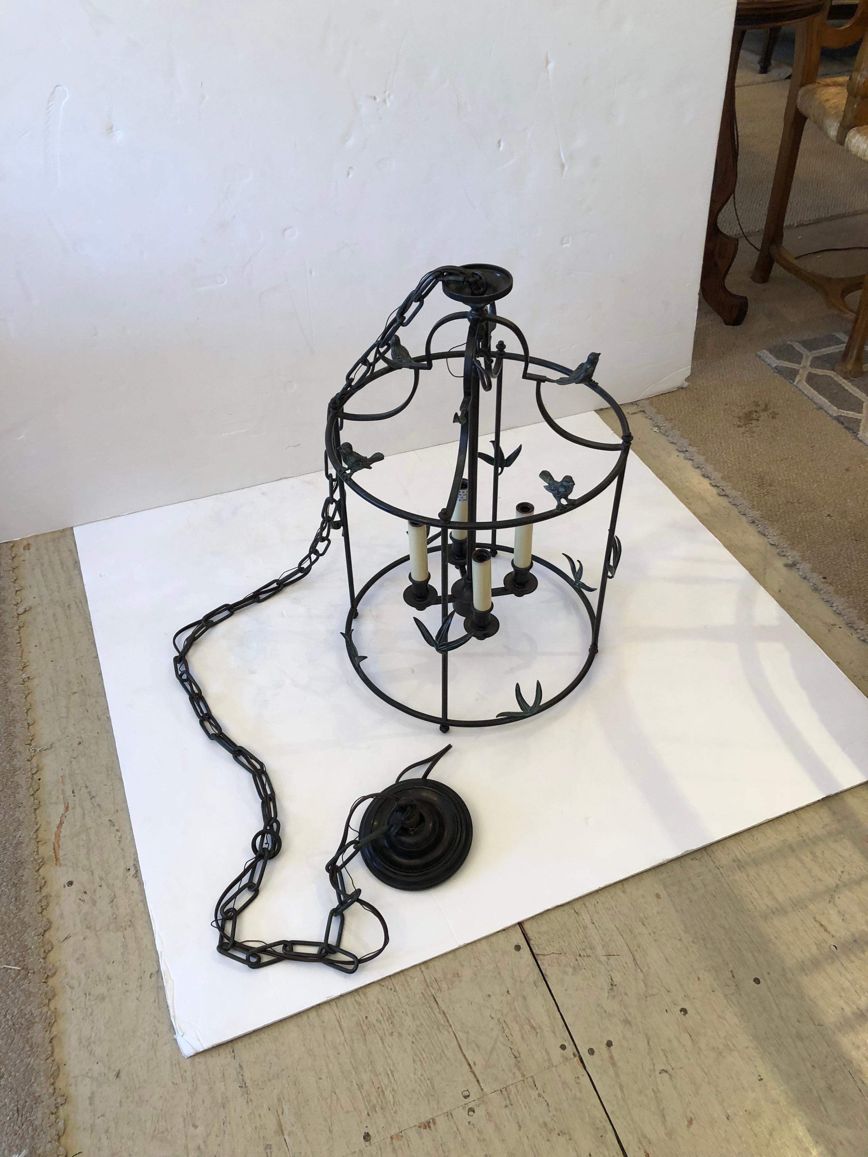 Wonderful Black Iron Lantern Shaped Chandelier with Bird Decoration For Sale 1