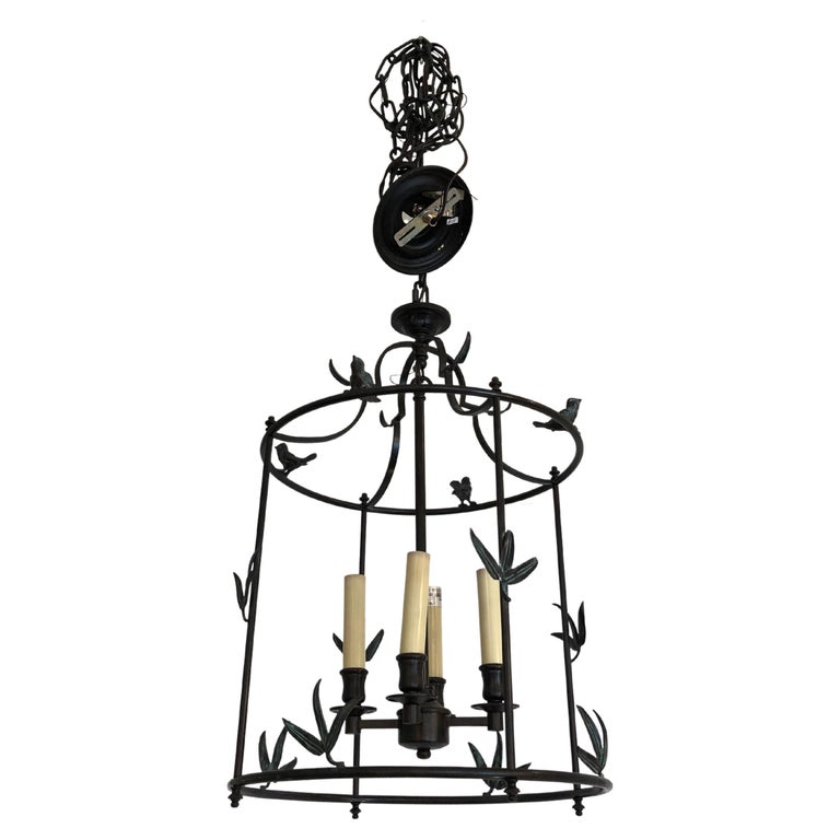 Wonderful Black Iron Lantern Shaped Chandelier with Bird Decoration For Sale at 1stDibs