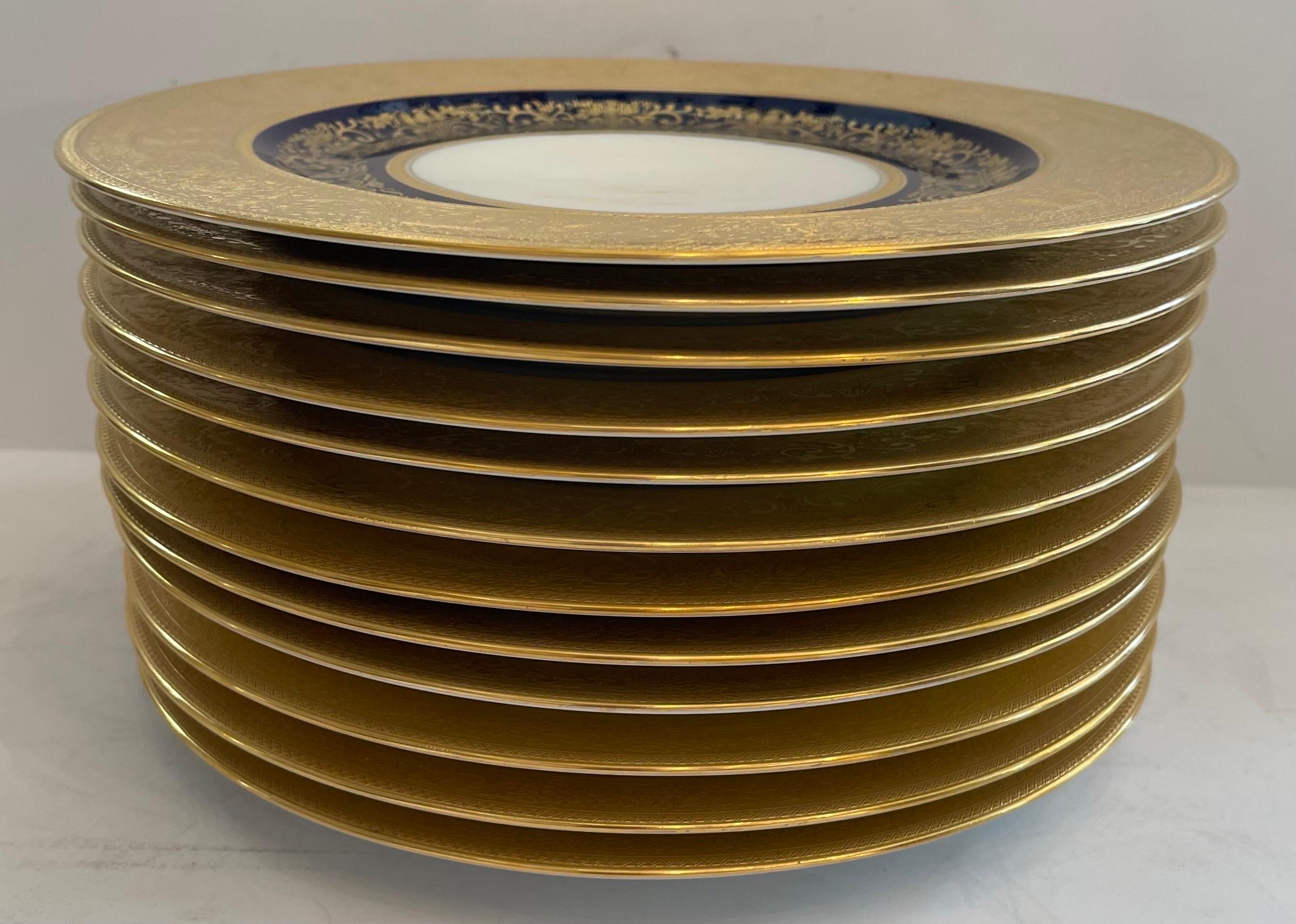 Regency Wonderful Black Knight Set of 12 Dinner Plates Raised Gold Encrusted Cobalt Blue
