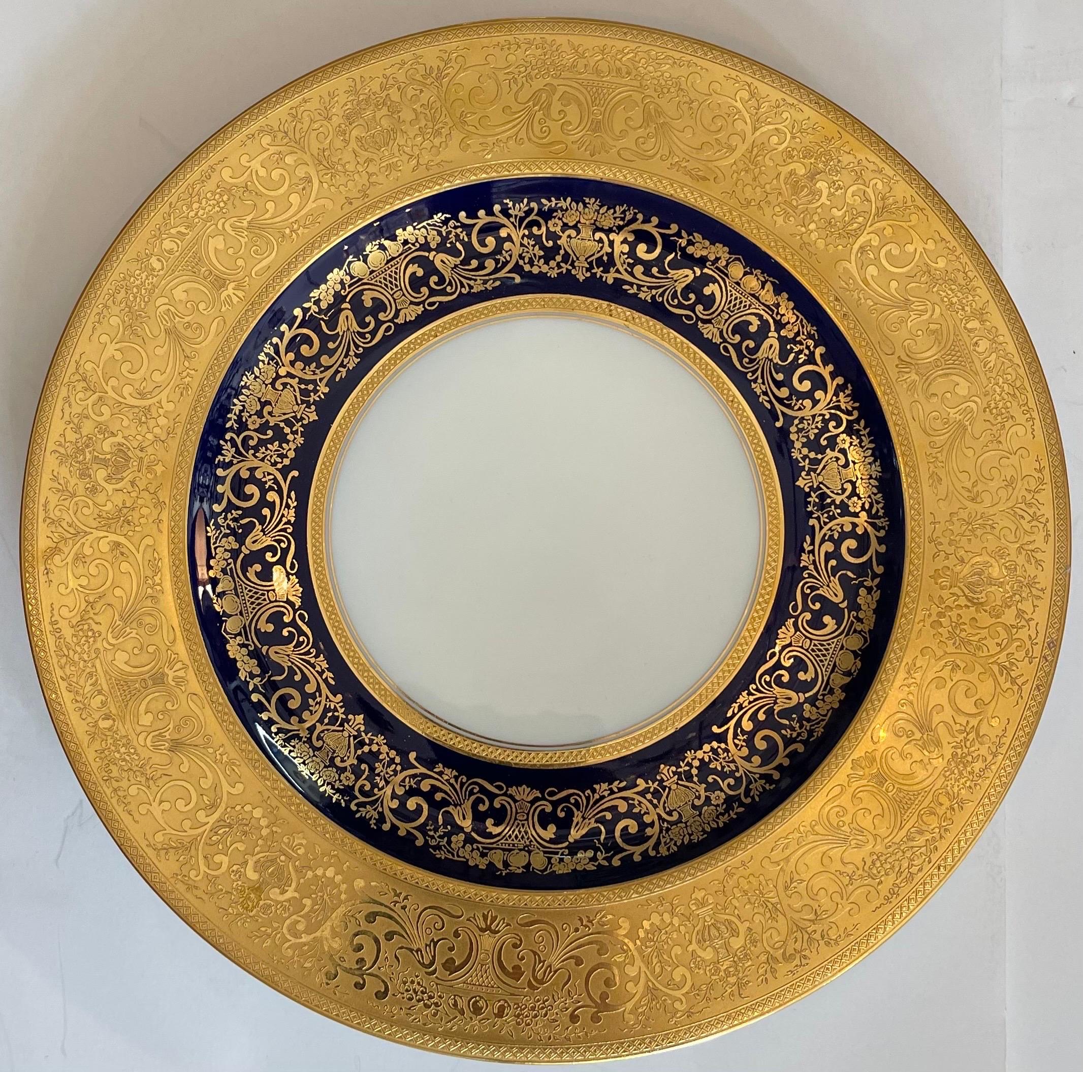 Hand-Painted Wonderful Black Knight Set of 12 Dinner Plates Raised Gold Encrusted Cobalt Blue