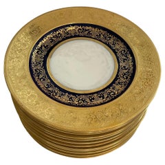 Wonderful Black Knight Set of 12 Dinner Plates Raised Gold Encrusted Cobalt Blue