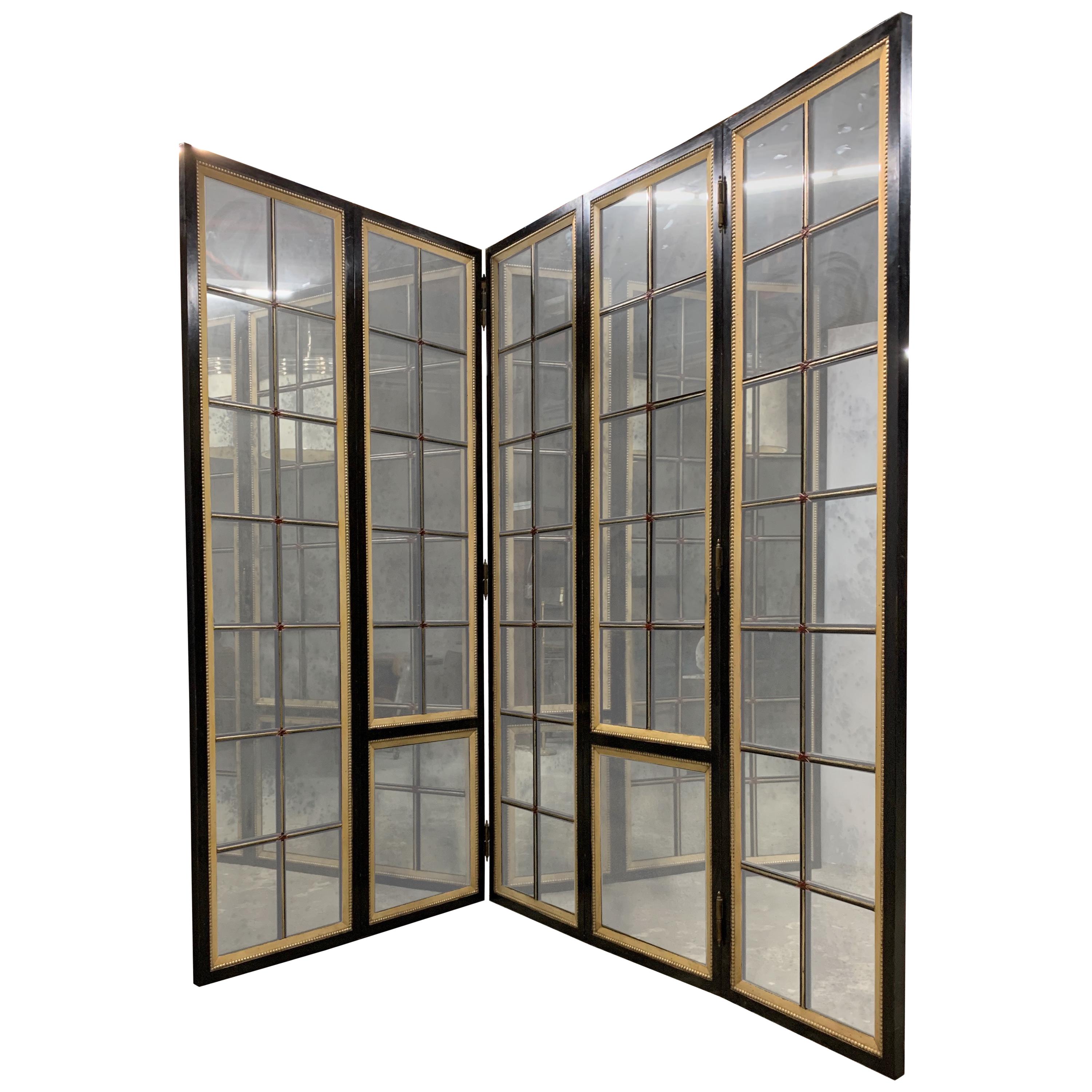 Wonderful Black Lacquered Distressed Mirror 5-Panel Large Room Divider Screen