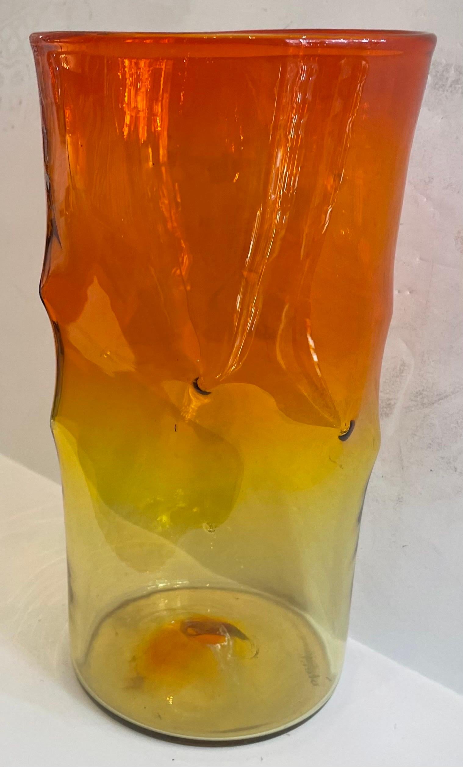 Mid-Century Modern Wonderful Blenko Blown Art Glass Amberina Tangerine Orange Yellow Large Vase 