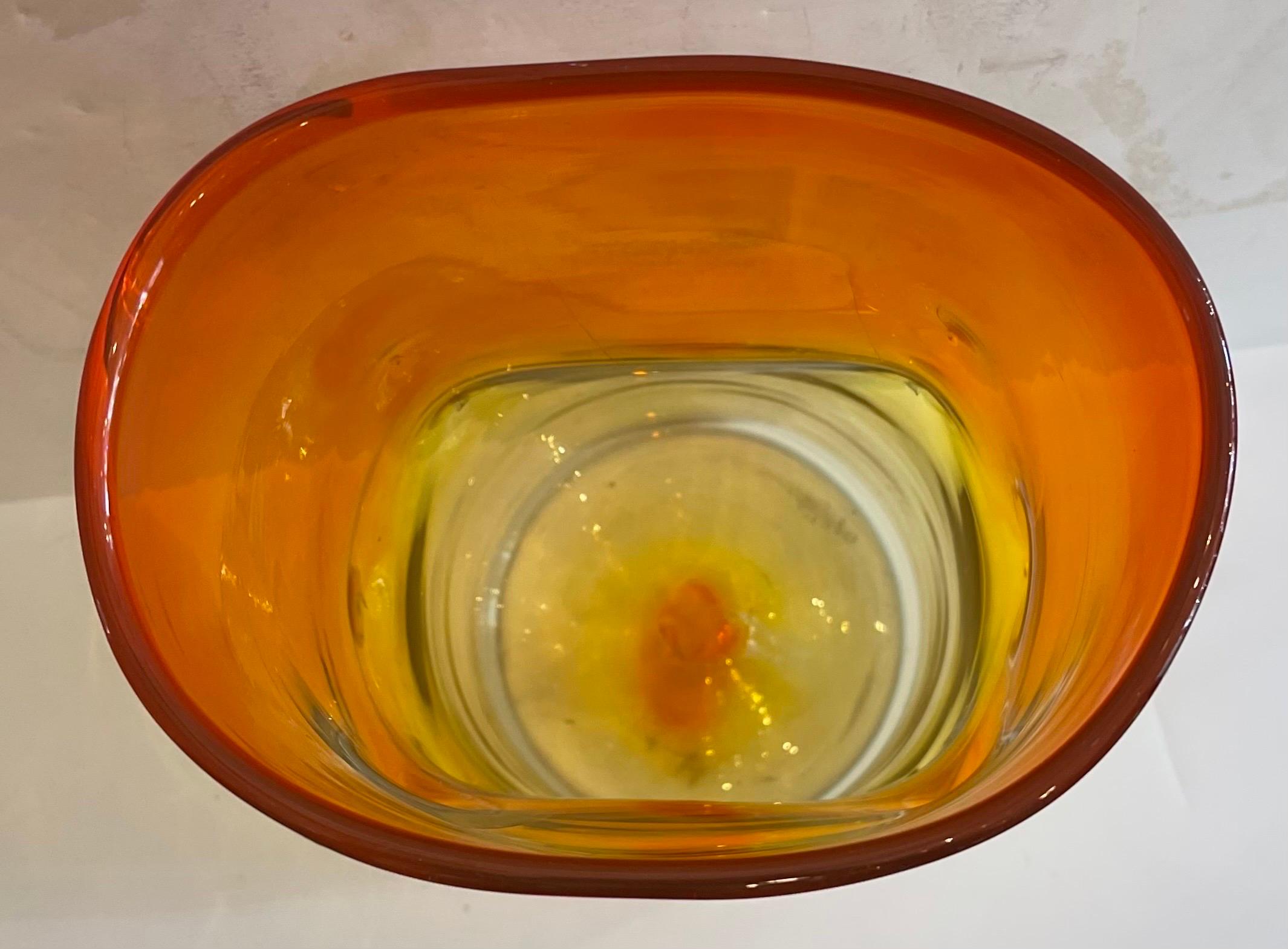 Wonderful Blenko Blown Art Glass Amberina Tangerine Orange Yellow Large Vase  In Good Condition In Roslyn, NY