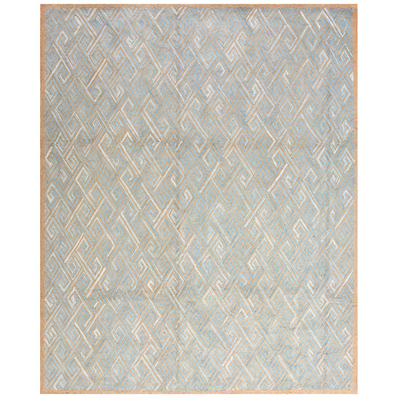 Wonderful Blue Geometric Pattern Contemporary Handmade CottonAmerican Hooked Rug
