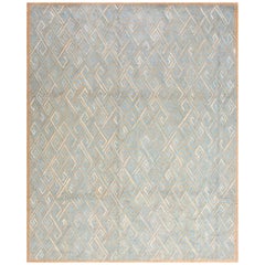 Wonderful Blue Geometric Pattern Contemporary Handmade CottonAmerican Hooked Rug