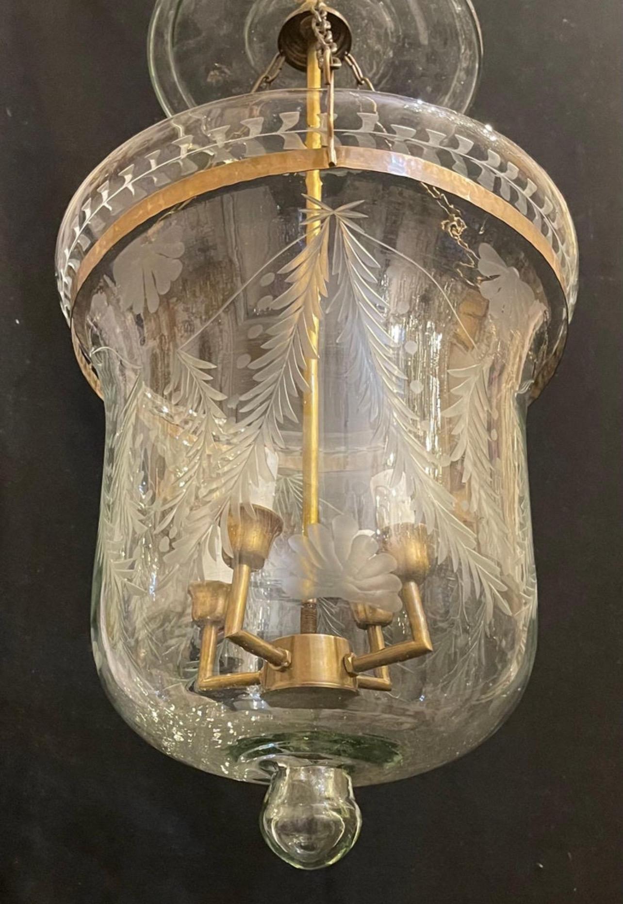 A Wonderful Brass & Blown Etched Laurel Leaf Glass Bell Jar Lantern Light Fixture With 4 Candelabra Lights

