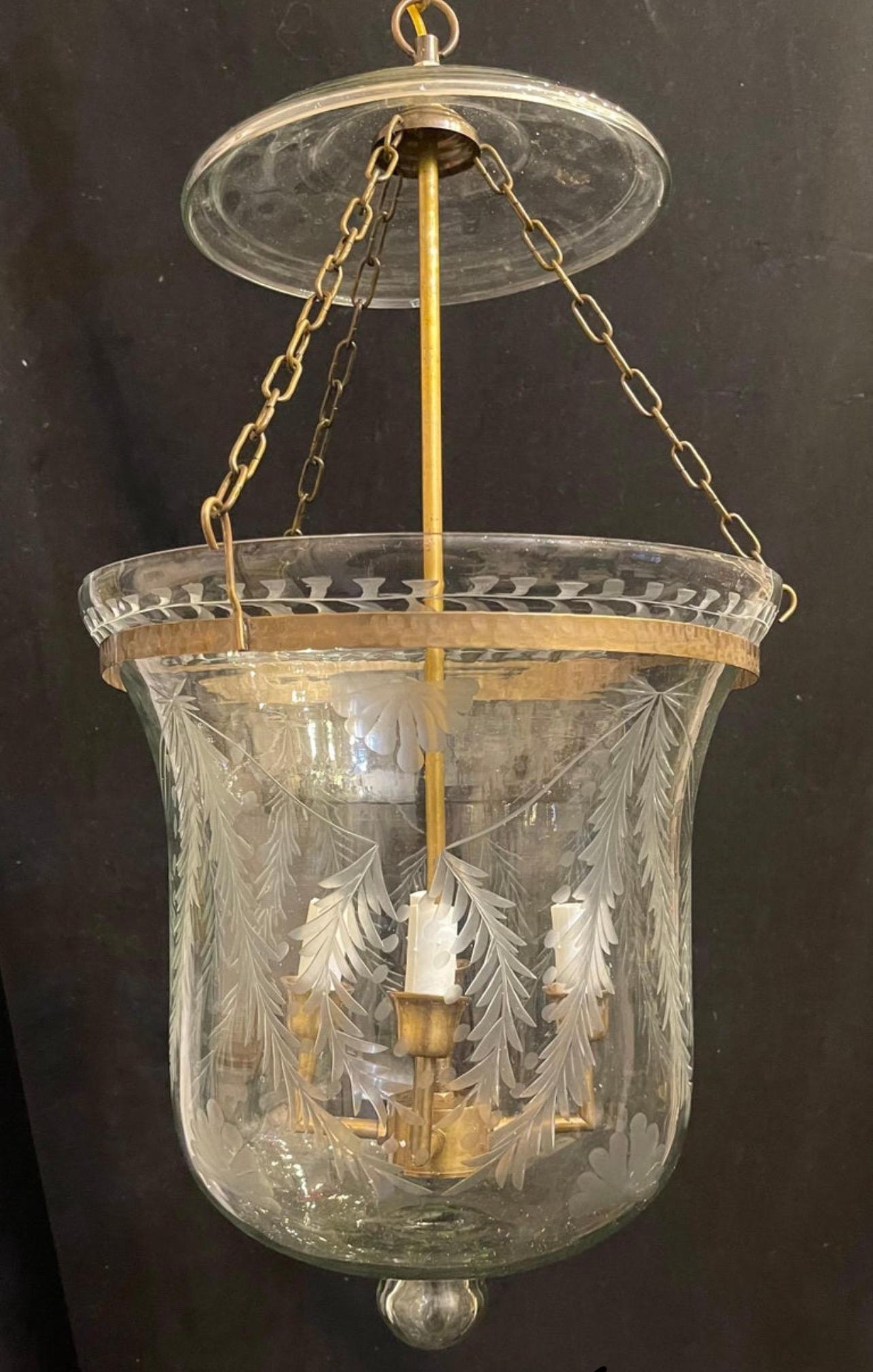 Regency Wonderful Brass Blown Etched Laurel Leaf Glass Bell Jar Lantern Light Fixture