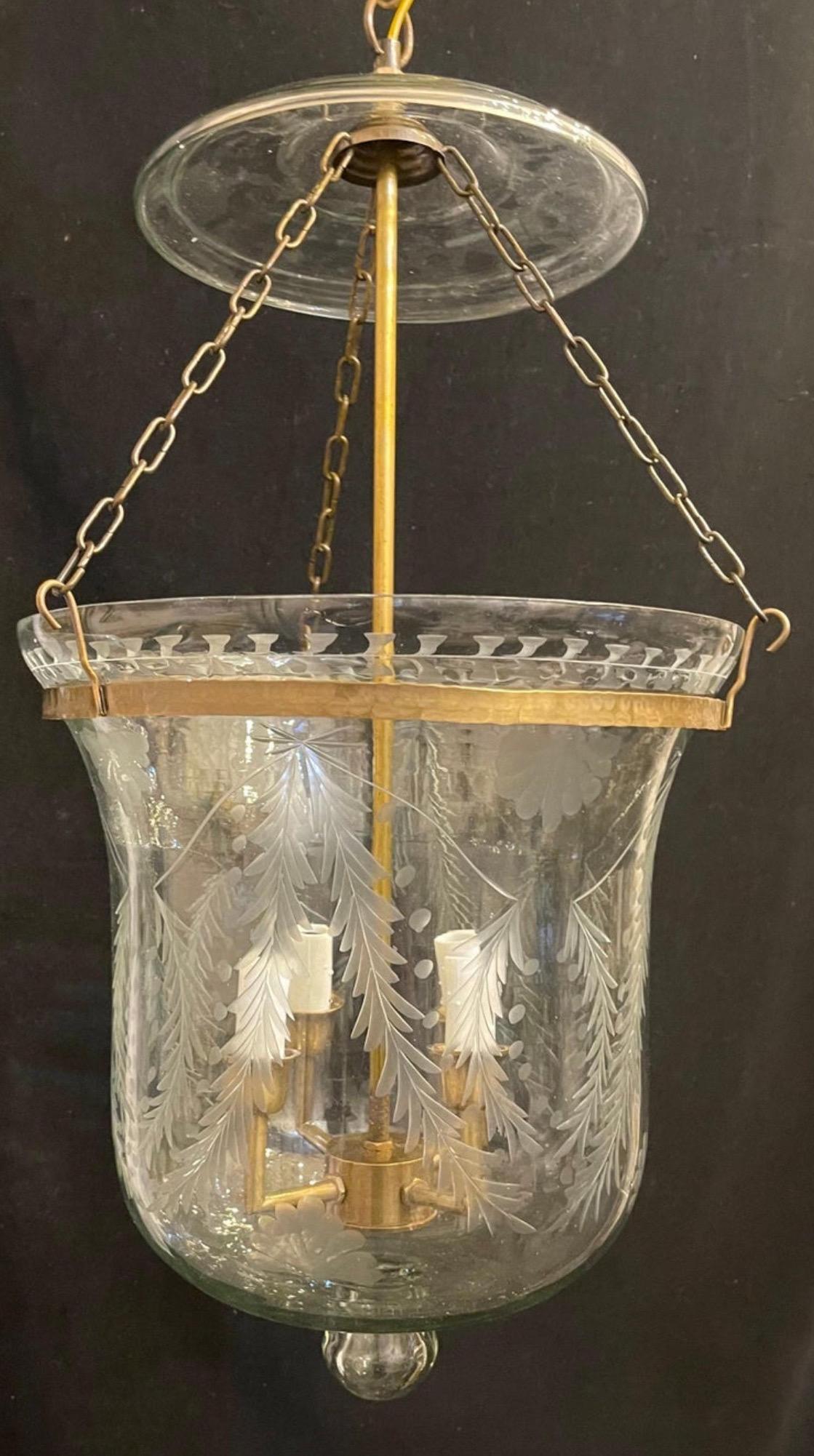 Wonderful Brass Blown Etched Laurel Leaf Glass Bell Jar Lantern Light Fixture In Good Condition In Roslyn, NY