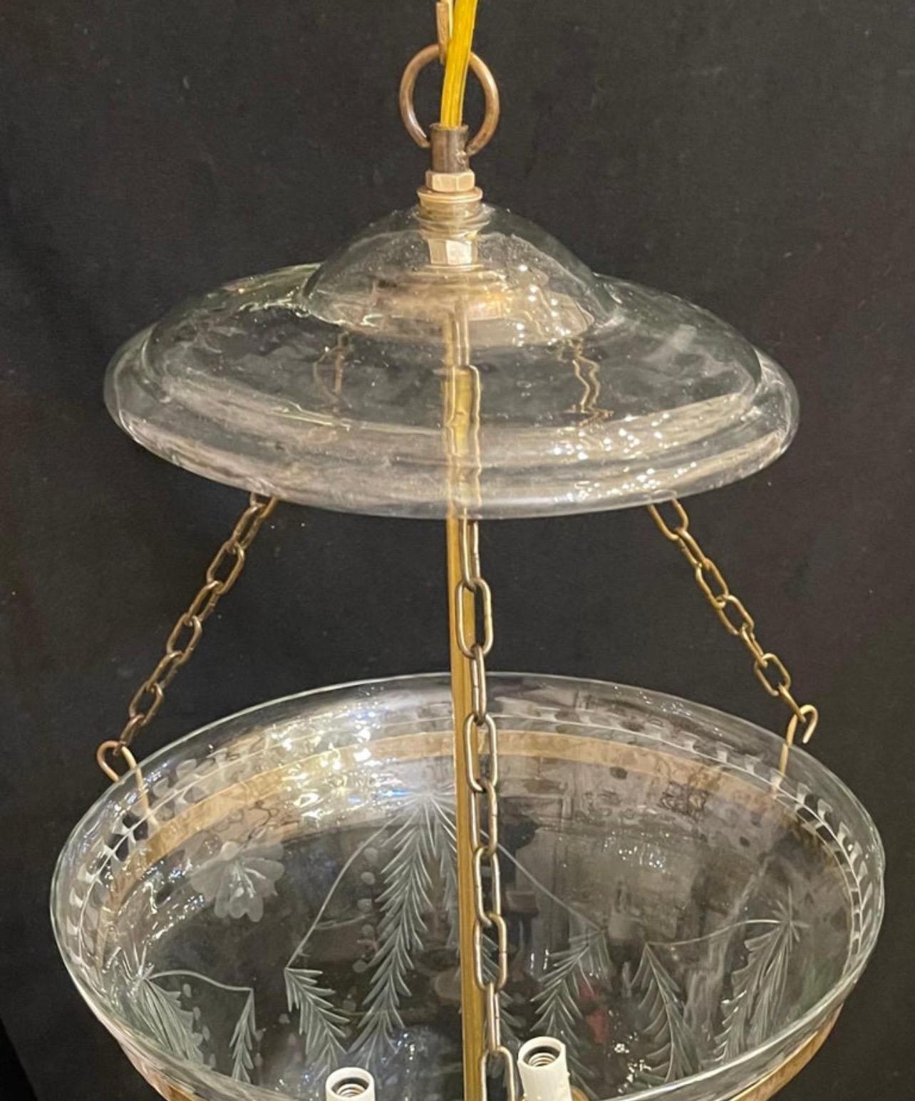 20th Century Wonderful Brass Blown Etched Laurel Leaf Glass Bell Jar Lantern Light Fixture