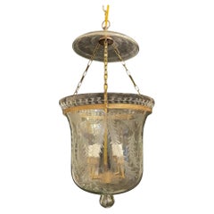Wonderful Brass Blown Etched Laurel Leaf Glass Bell Jar Lantern Light Fixture