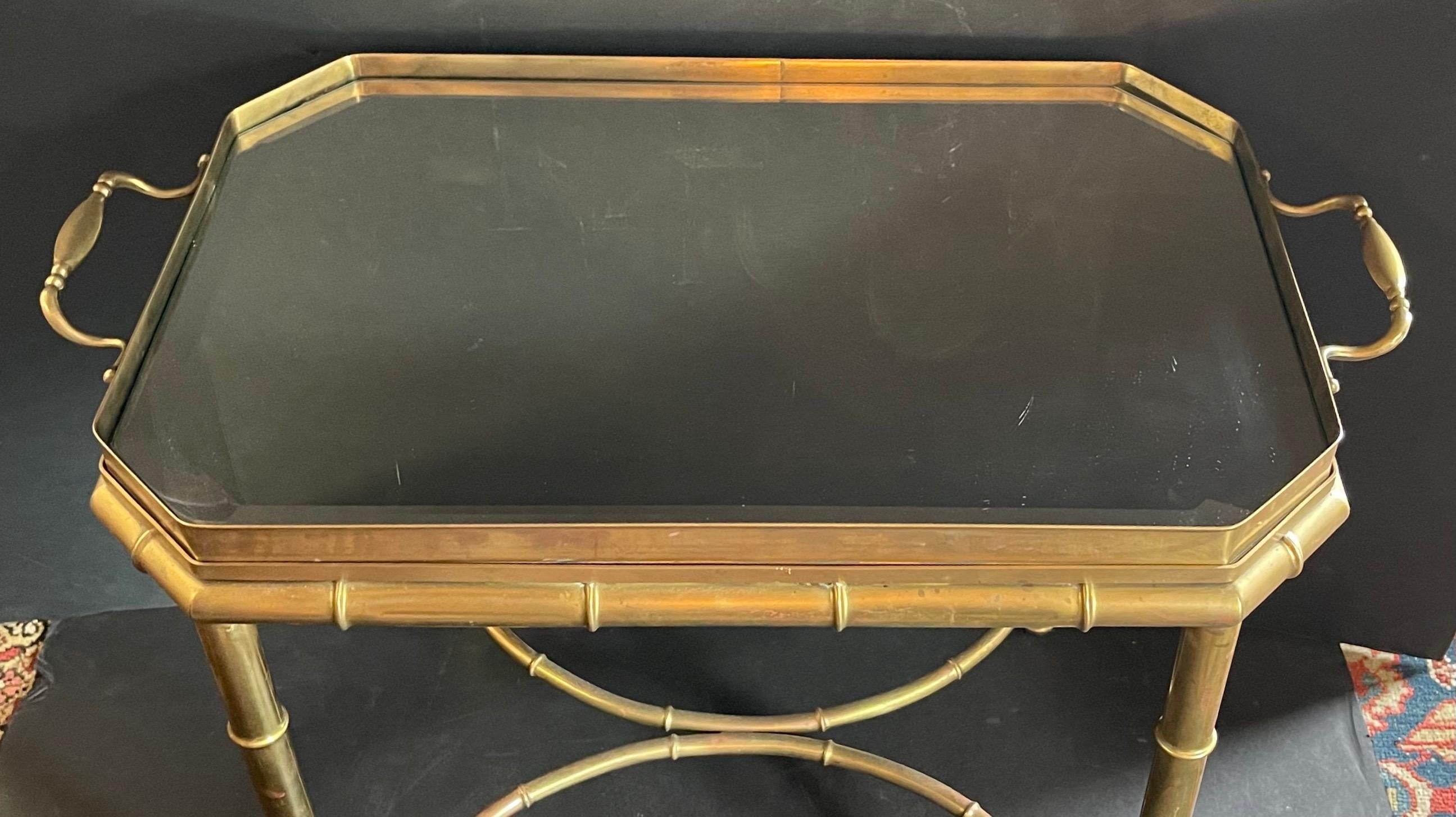 Wonderful brass bronze faux bamboo beveled mirror gallery tray top coffee table in the manner of Maison Jansen / Bagues.