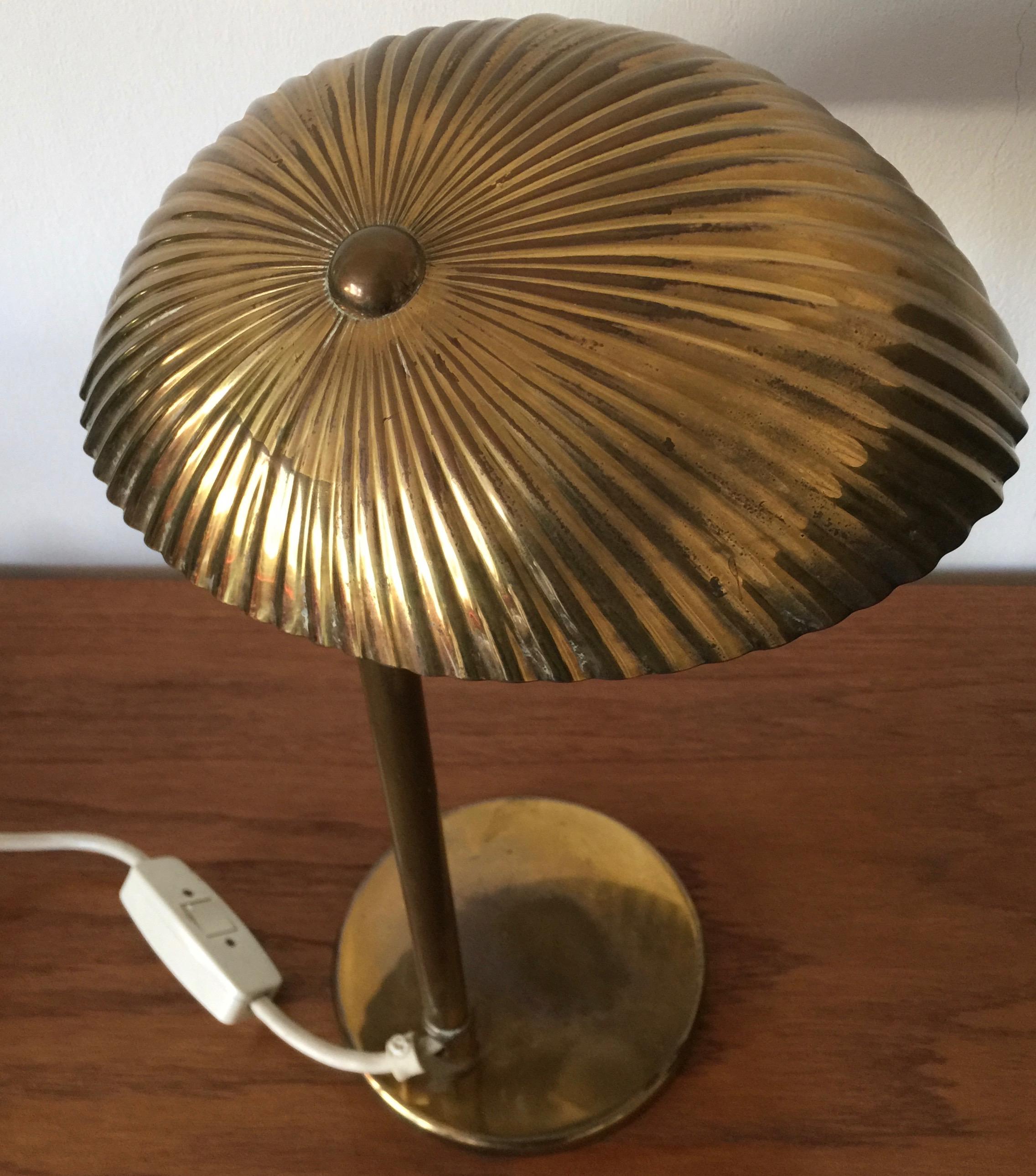 Mid-20th Century Wonderful Brass Desk Lamp from Finland with Shell Shade For Sale