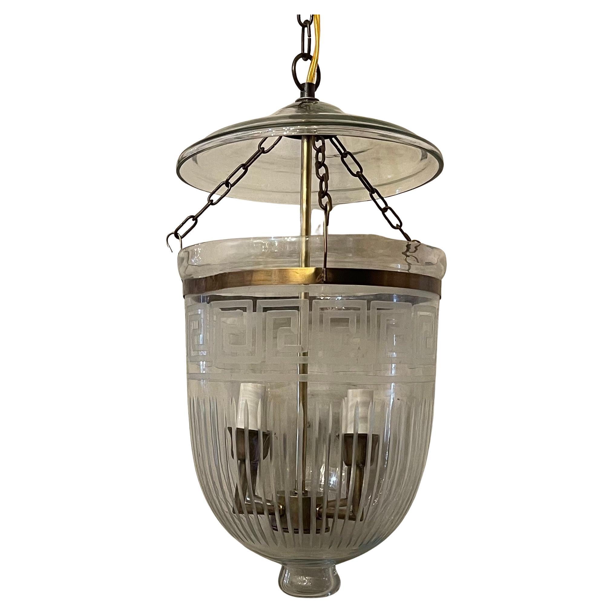 Wonderful Brass Etched Greek Key Blown Glass Bell Jar Lantern Light Fixture