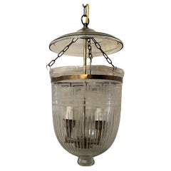 Wonderful Brass Etched Greek Key Blown Glass Bell Jar Lantern Light Fixture