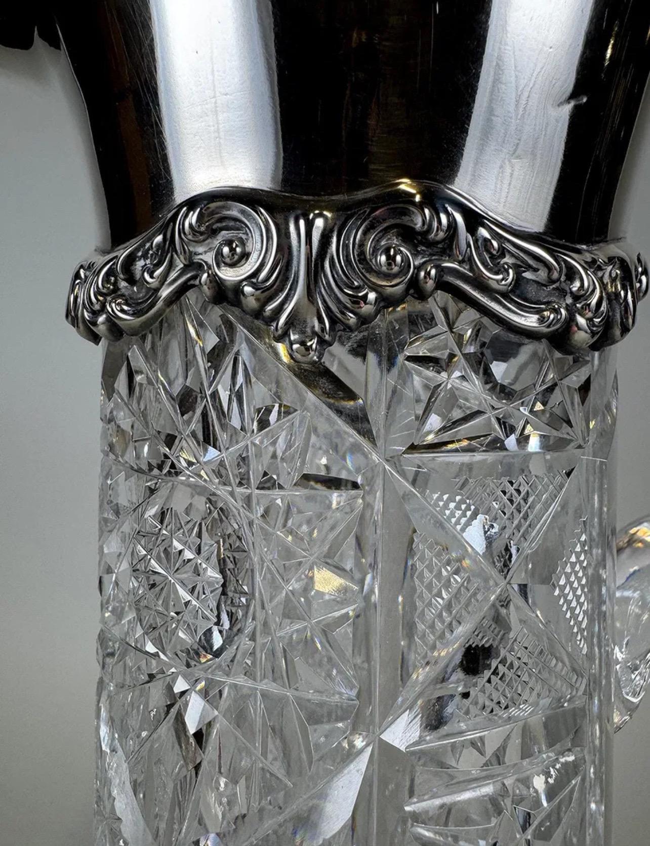 Regency Wonderful Brilliant Cut Crystal Sterling Silver Water Pitcher Decanter Jug For Sale